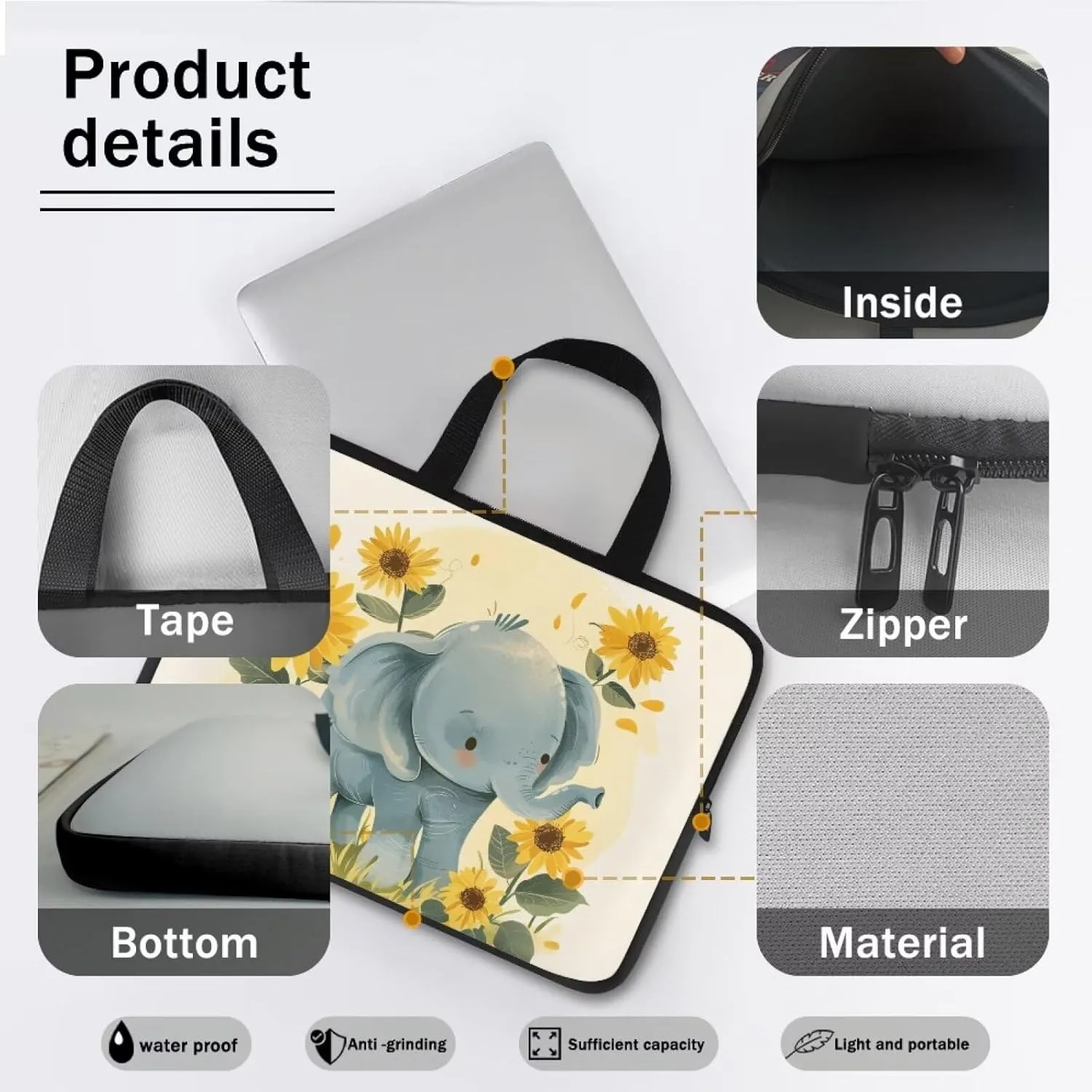 Cute Elephant Laptop Sleeve Case Sunflowers Water Resistant Laptop Cover Travel Business Computer Cover Carrying Bag Messenger Bag with Handle, 15 Inch Laptop Bag for Women
