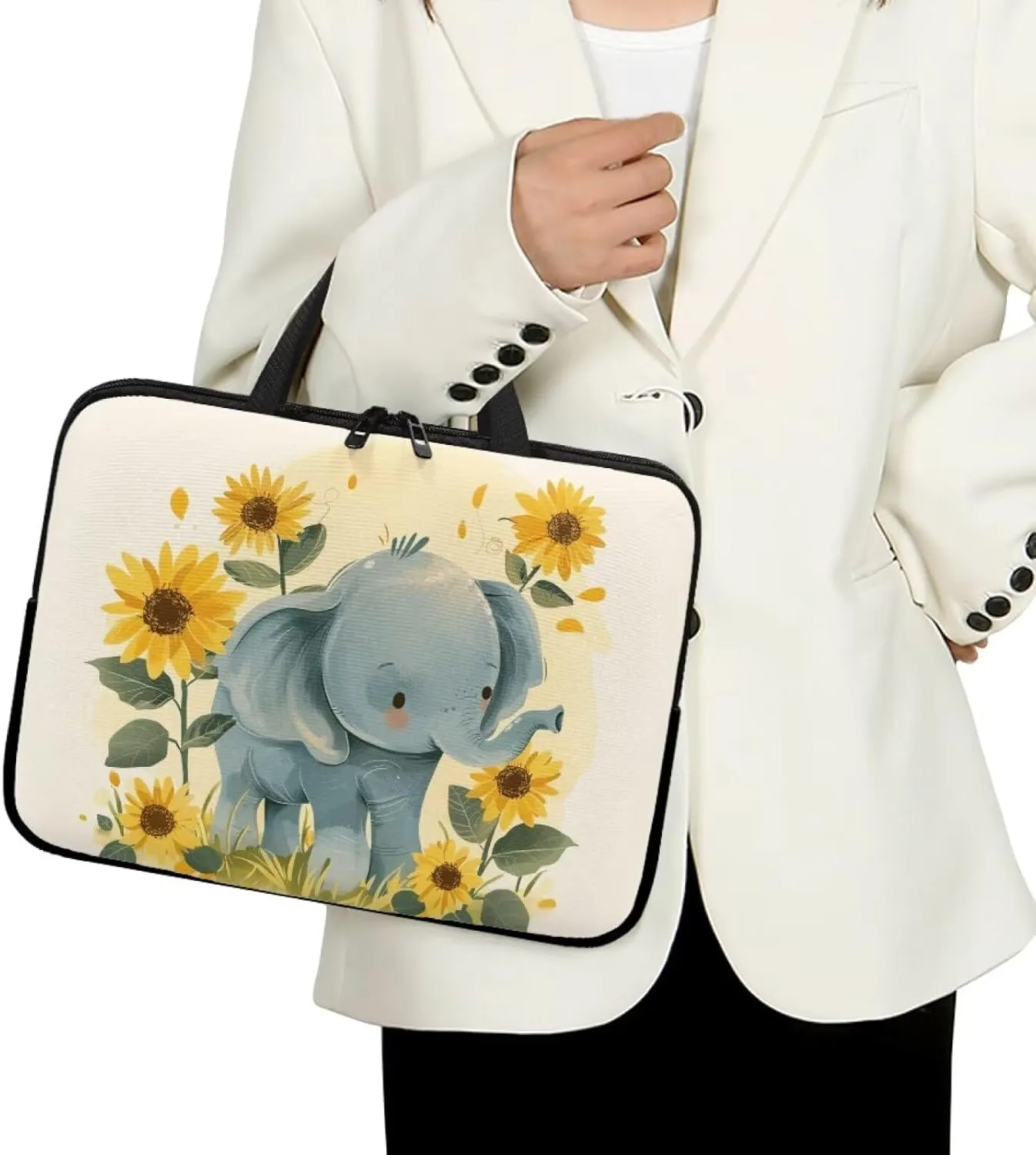 Cute Elephant Laptop Sleeve Case Sunflowers Water Resistant Laptop Cover Travel Business Computer Cover Carrying Bag Messenger Bag with Handle, 15 Inch Laptop Bag for Women