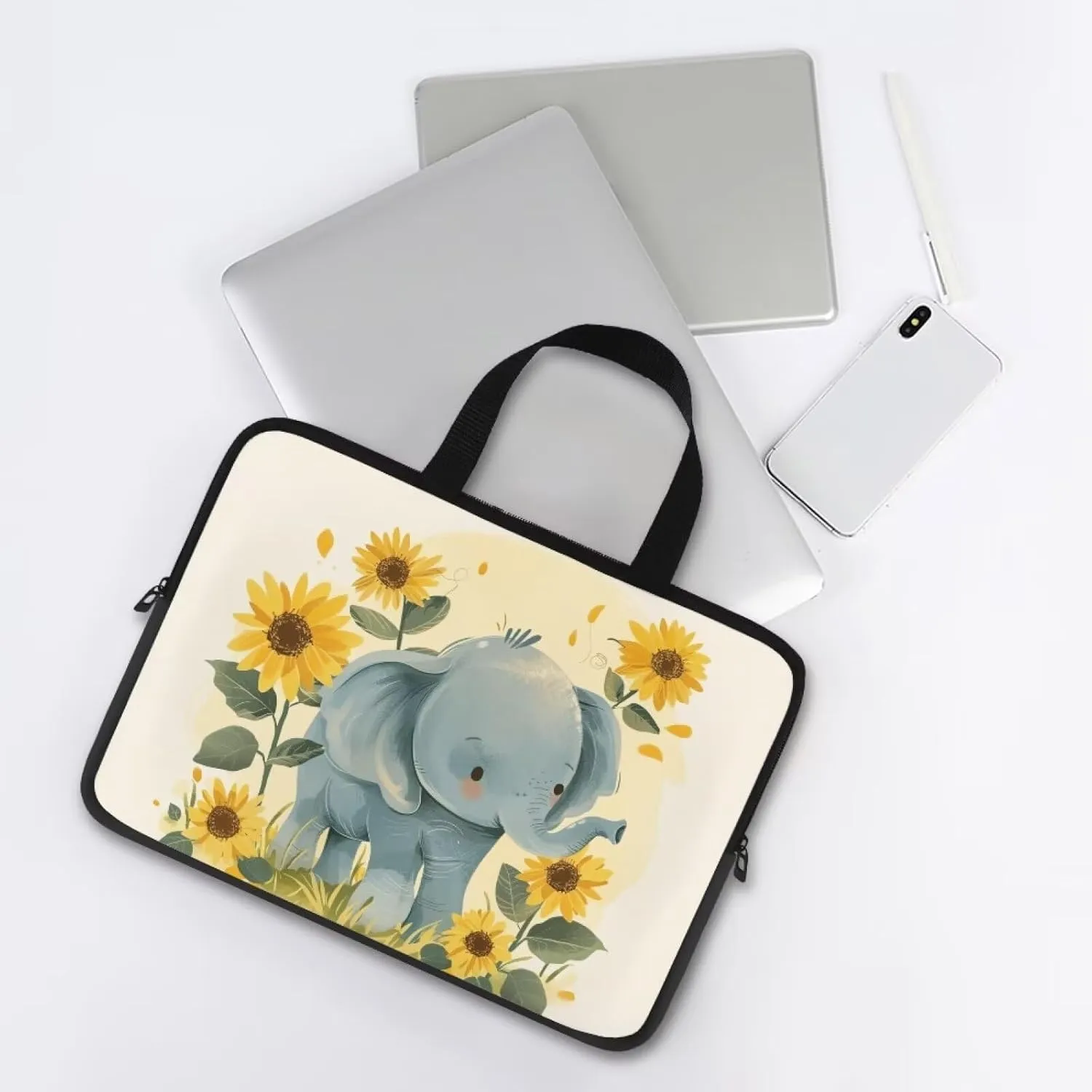 Cute Elephant Laptop Sleeve Case Sunflowers Water Resistant Laptop Cover Travel Business Computer Cover Carrying Bag Messenger Bag with Handle, 15 Inch Laptop Bag for Women