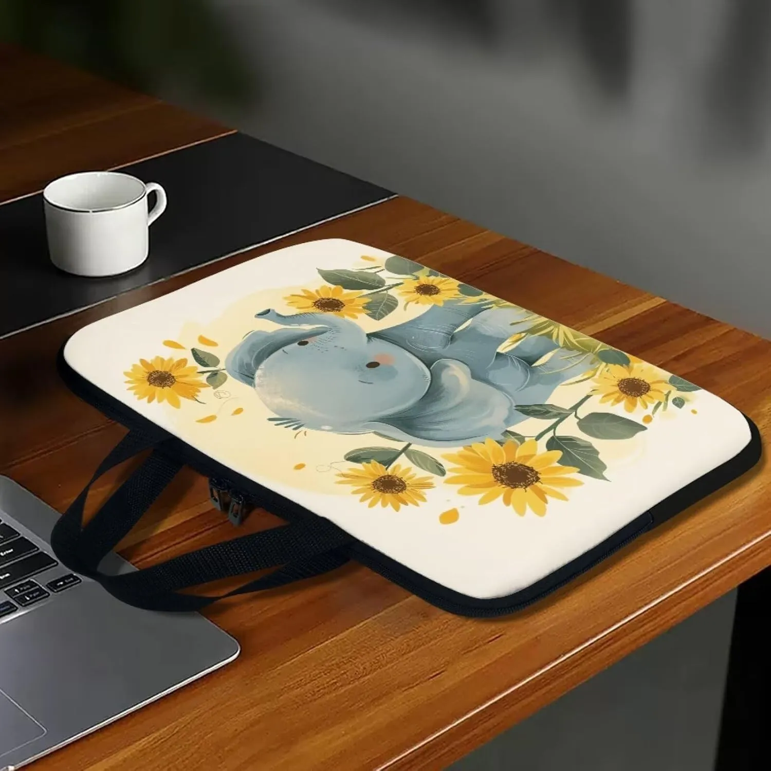 Cute Elephant Laptop Sleeve Case Sunflowers Water Resistant Laptop Cover Travel Business Computer Cover Carrying Bag Messenger Bag with Handle, 15 Inch Laptop Bag for Women