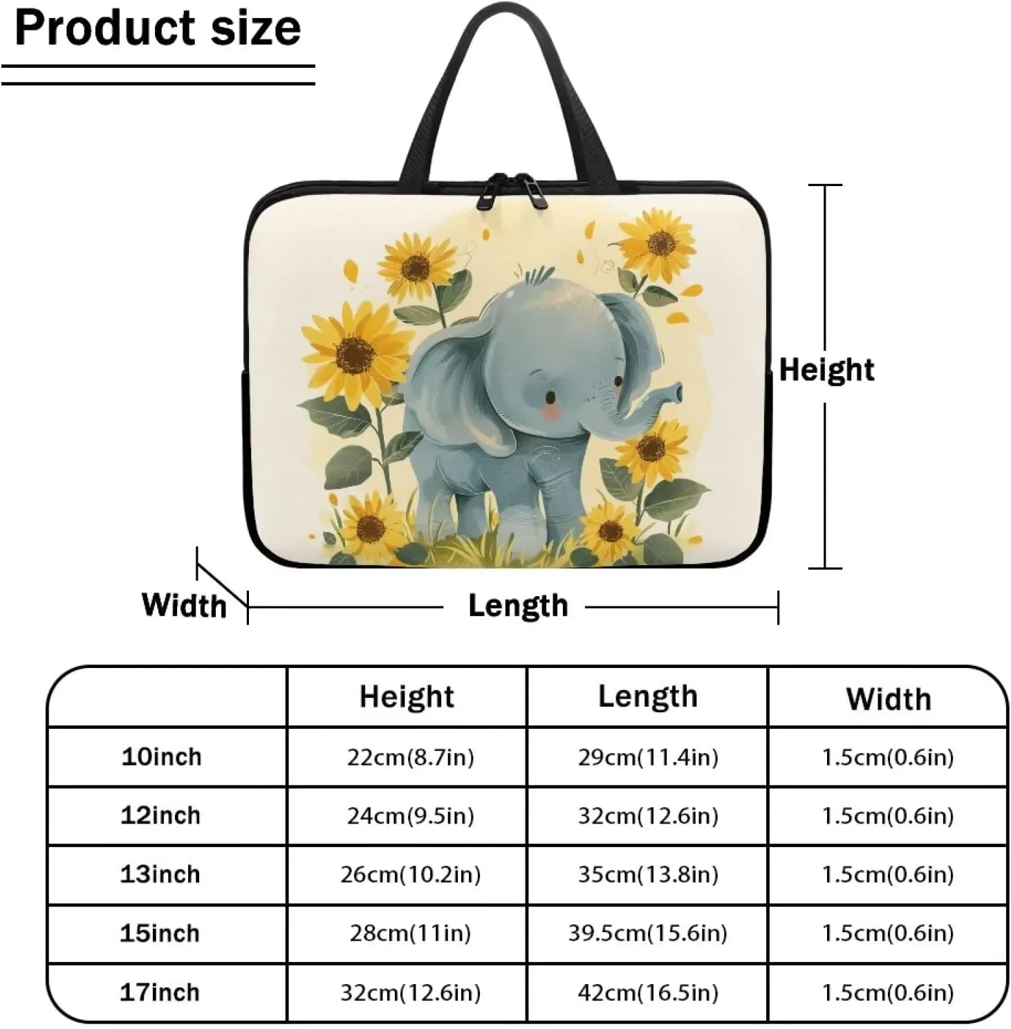 Cute Elephant Laptop Sleeve Case Sunflowers Water Resistant Laptop Cover Travel Business Computer Cover Carrying Bag Messenger Bag with Handle, 15 Inch Laptop Bag for Women