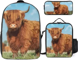 Cute Highland Cattle Cow Backpack with Lunch Box And Pencil Case Set Meadow Calf Travel Daypack Bookbag for Men Women Laptop Backpack 3pcs