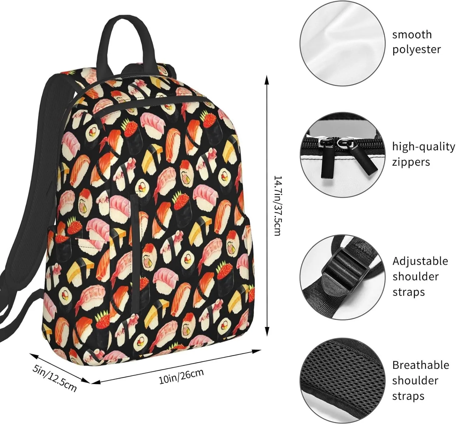 Cute Japanese Sushi Black Casual Backpacks Large Capacity Laptop Backpack Sports Rucksack Travel Daypack Adjustable Shoulder Strap Work Bag for Outdoor Camping