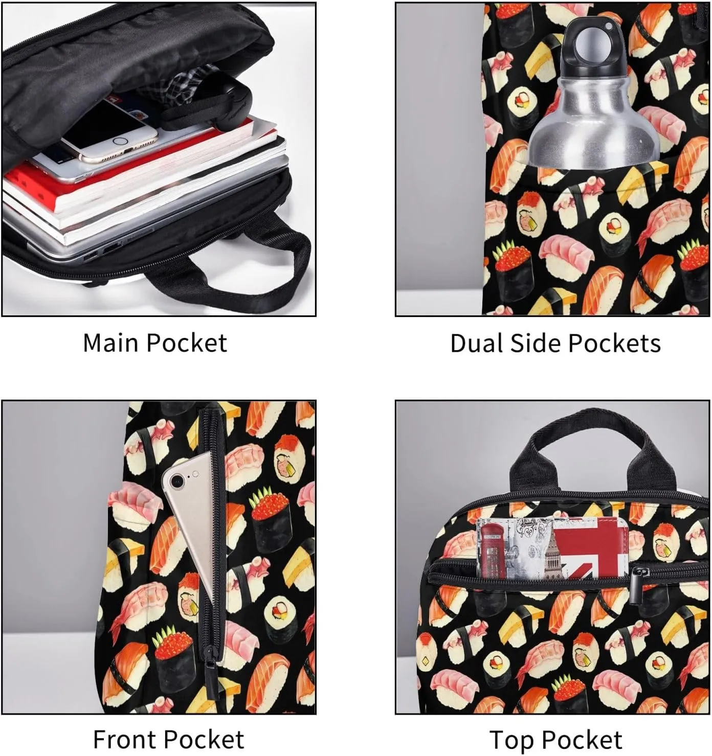 Cute Japanese Sushi Black Casual Backpacks Large Capacity Laptop Backpack Sports Rucksack Travel Daypack Adjustable Shoulder Strap Work Bag for Outdoor Camping