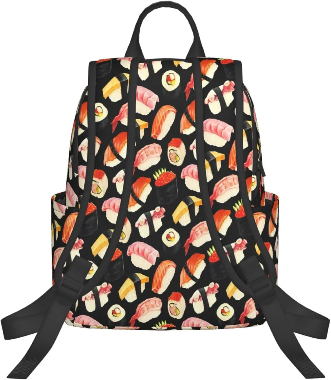Cute Japanese Sushi Black Casual Backpacks Large Capacity Laptop Backpack Sports Rucksack Travel Daypack Adjustable Shoulder Strap Work Bag for Outdoor Camping