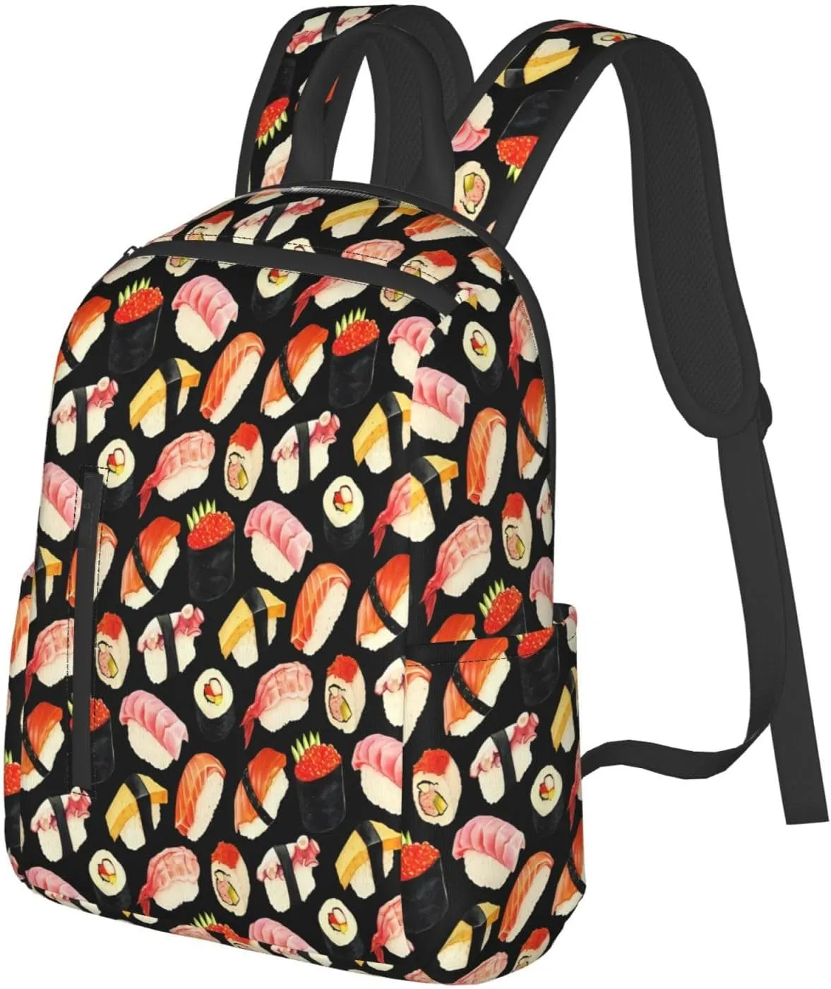 Cute Japanese Sushi Black Casual Backpacks Large Capacity Laptop Backpack Sports Rucksack Travel Daypack Adjustable Shoulder Strap Work Bag for Outdoor Camping