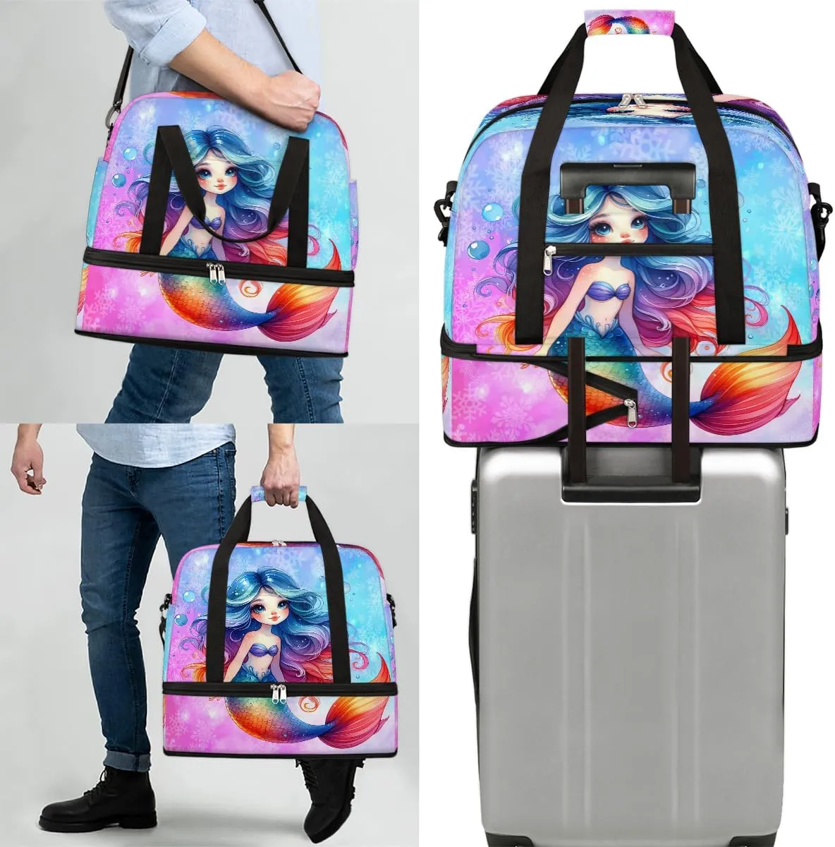 Cute Mermaid Girls Rainbow Travel Duffle Bags With Shoes Compartment for Women Men Weekender Overnight Bag Foldable Sports Tote Gym Carry On Luggage Handlebag for Travel Yoga Hospital Workout