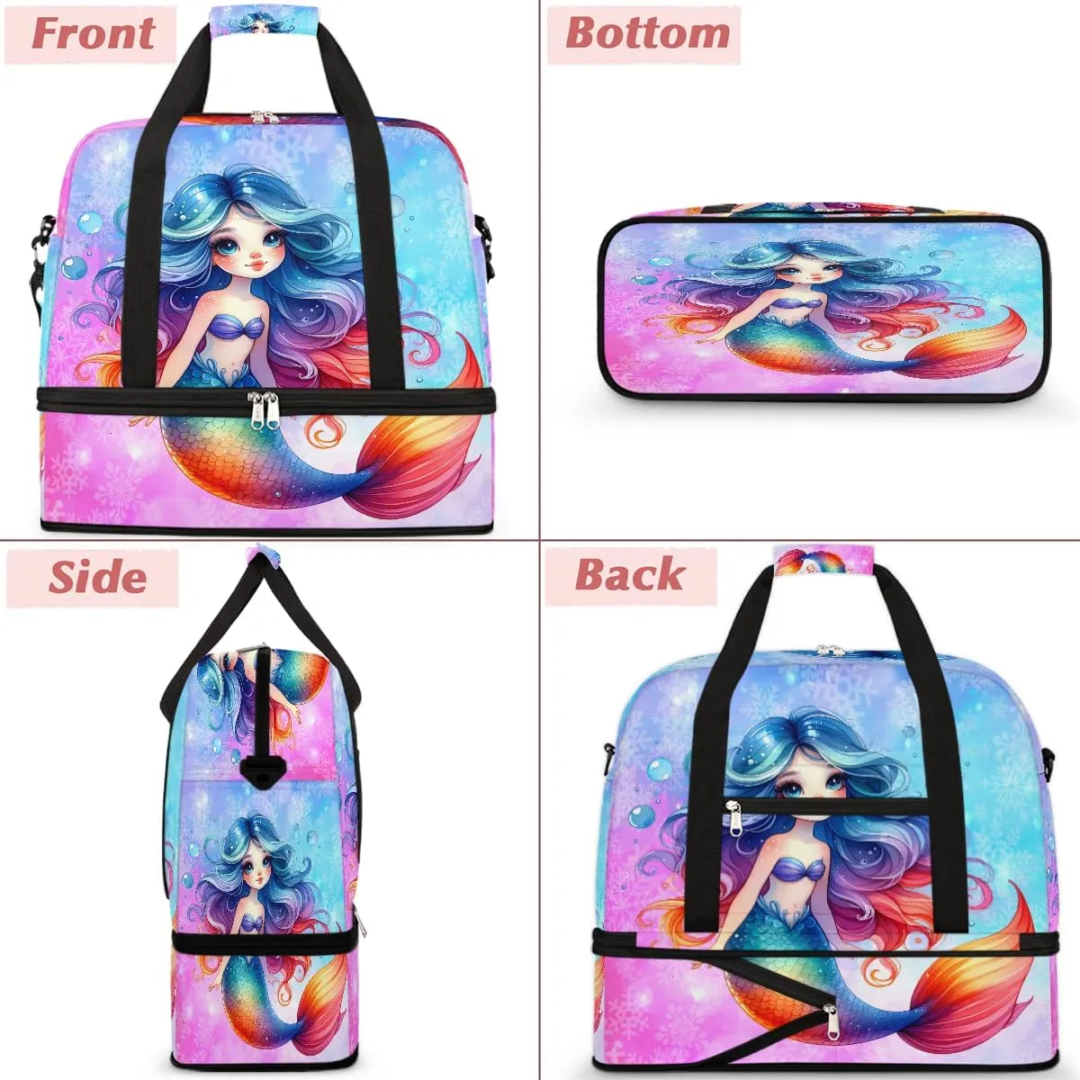 Cute Mermaid Girls Rainbow Travel Duffle Bags With Shoes Compartment for Women Men Weekender Overnight Bag Foldable Sports Tote Gym Carry On Luggage Handlebag for Travel Yoga Hospital Workout
