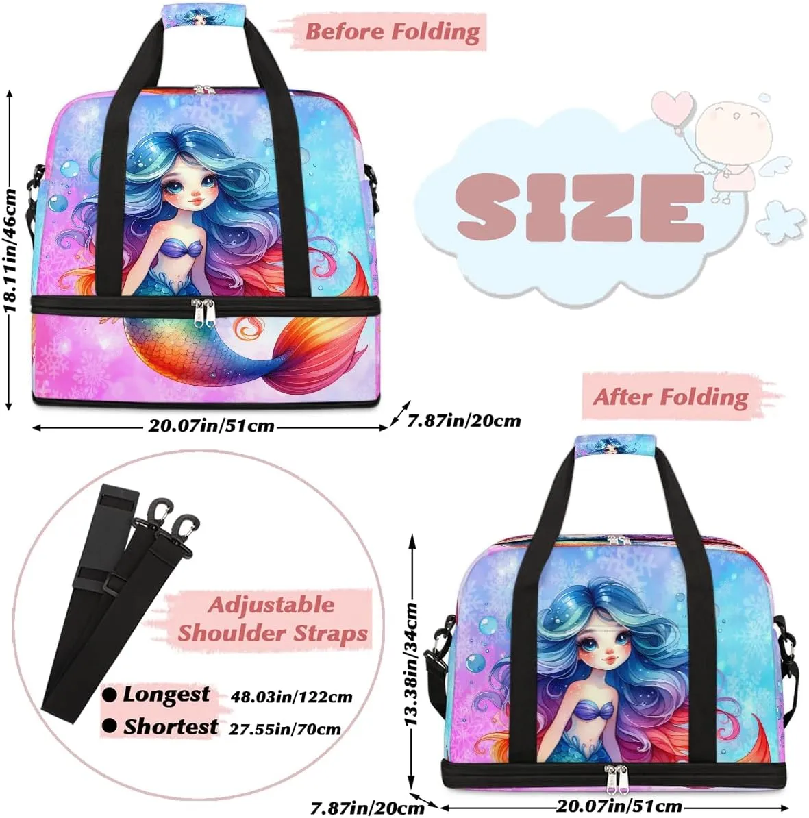 Cute Mermaid Girls Rainbow Travel Duffle Bags With Shoes Compartment for Women Men Weekender Overnight Bag Foldable Sports Tote Gym Carry On Luggage Handlebag for Travel Yoga Hospital Workout