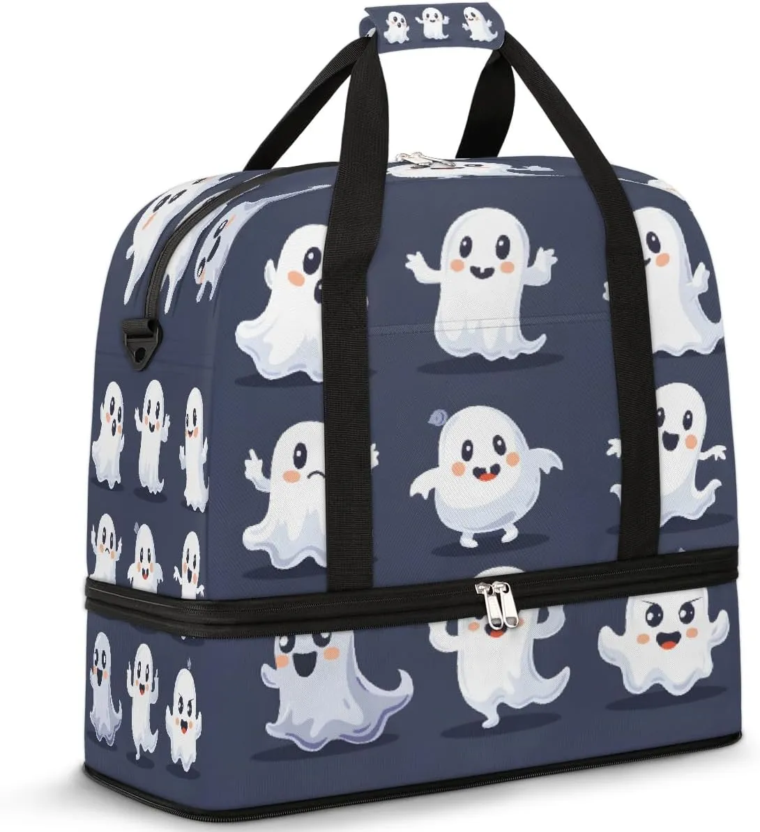 Cute White Ghost Travel Duffle Bags With Shoes Compartment for Women Men Weekender Overnight Bag Foldable Sports Tote Gym Carry On Luggage Handlebag for Travel Yoga Hospital Workout