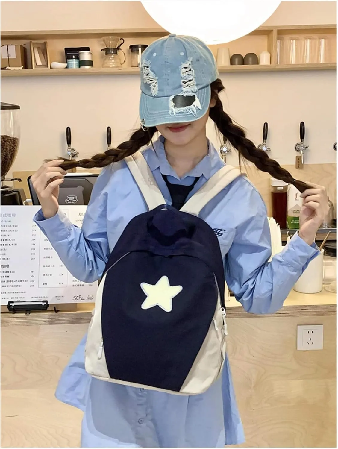 Cute Y2K Star Grunge Backpack, Vintage Fashion Preppy Bookbag, Aesthetic Emo 2000s Laptop Daypack for Men Women Casual Bag (Navy Blue)