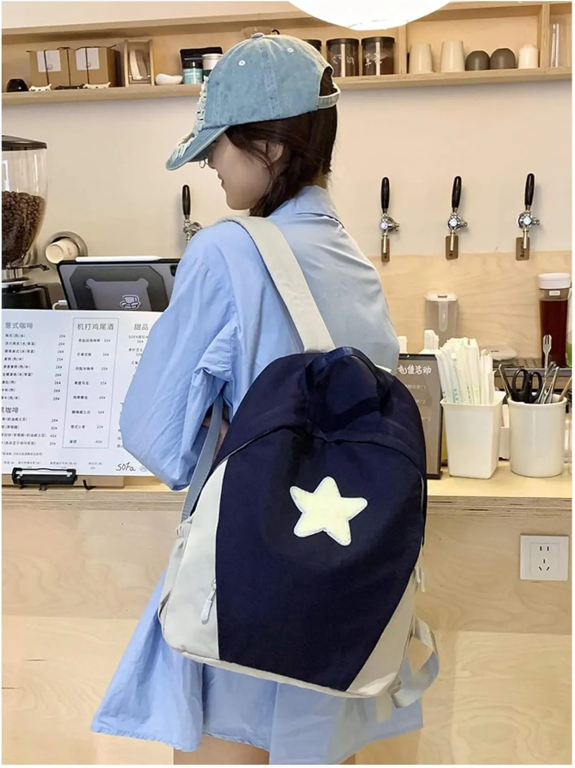 Cute Y2K Star Grunge Backpack, Vintage Fashion Preppy Bookbag, Aesthetic Emo 2000s Laptop Daypack for Men Women Casual Bag (Navy Blue)
