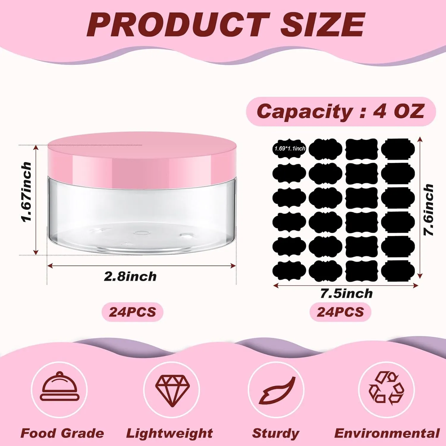 Dandat 24 Pcs 4 oz Plastic Jars with Lid and Label PET Cosmetic Containers Leak Proof Empty Cosmetic Jars Refillable Storage Travel Containers for Lotion Cream Gel Powder(Clear with Pink Lids)