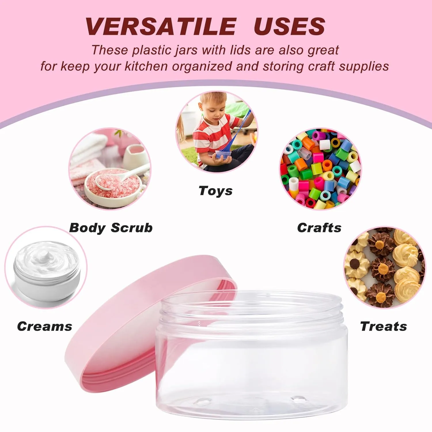 Dandat 24 Pcs 4 oz Plastic Jars with Lid and Label PET Cosmetic Containers Leak Proof Empty Cosmetic Jars Refillable Storage Travel Containers for Lotion Cream Gel Powder(Clear with Pink Lids)