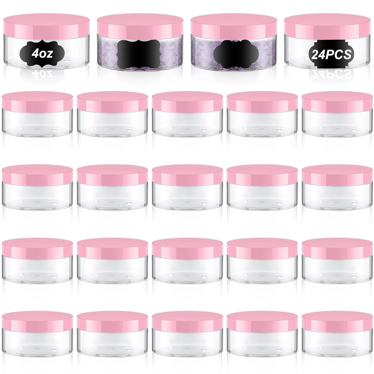 Dandat 24 Pcs 4 oz Plastic Jars with Lid and Label PET Cosmetic Containers Leak Proof Empty Cosmetic Jars Refillable Storage Travel Containers for Lotion Cream Gel Powder(Clear with Pink Lids)