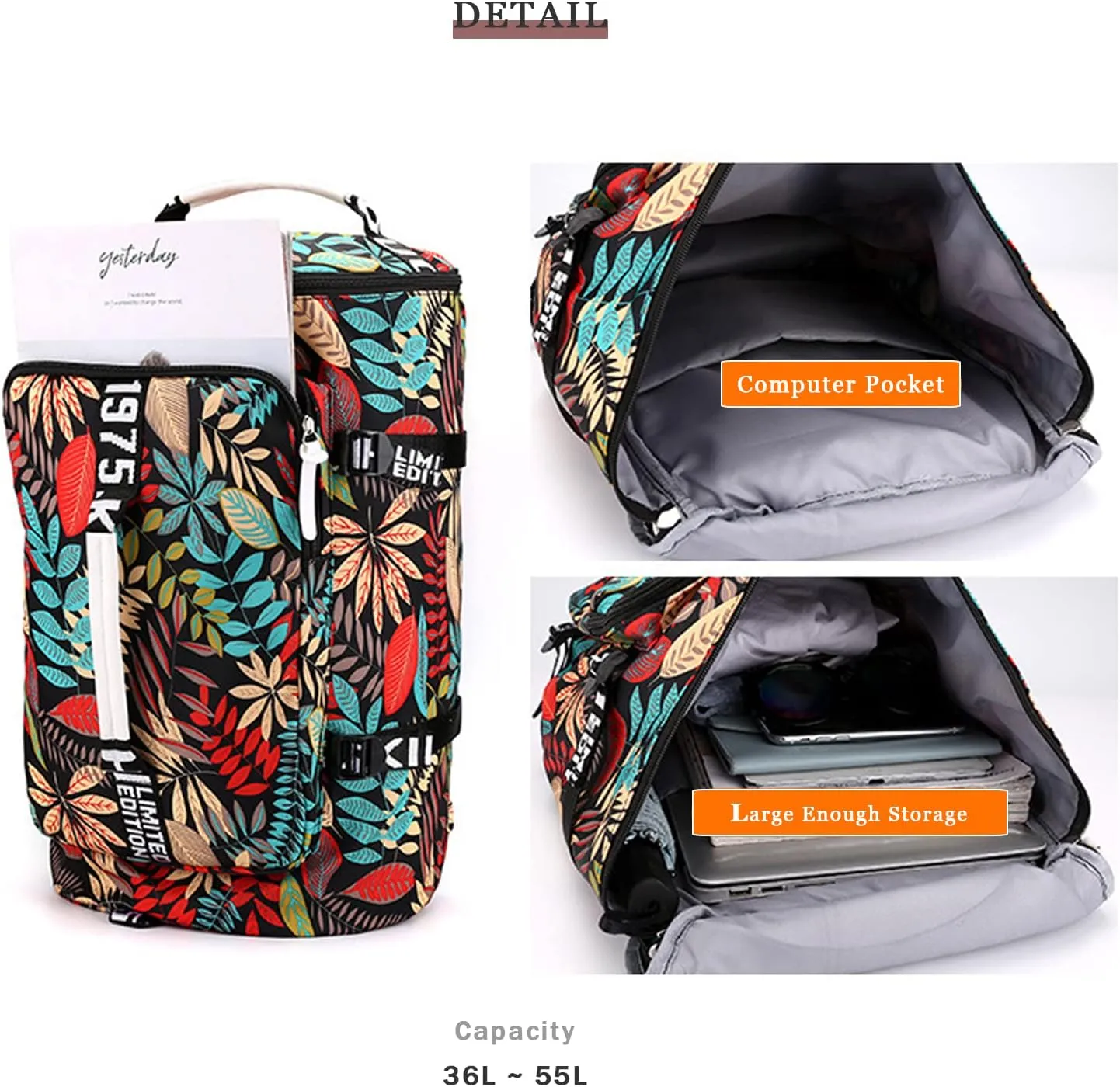 DEARART Gym Bag For Women Backpack, Four Fashion Ways Waterproof Duffle Backpacks, For Gym Travel Beach Laptop College, Floral Leaves Black