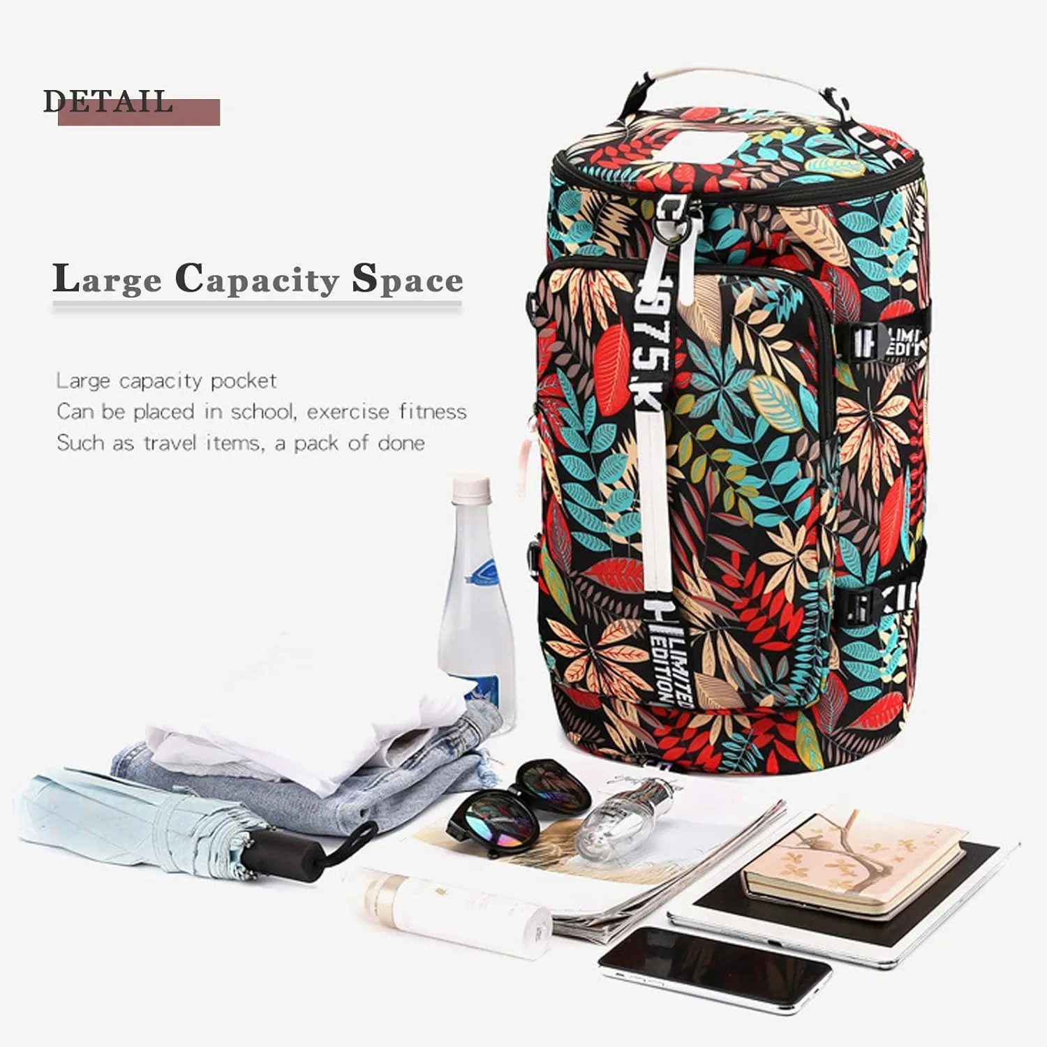 DEARART Gym Bag For Women Backpack, Four Fashion Ways Waterproof Duffle Backpacks, For Gym Travel Beach Laptop College, Floral Leaves Black
