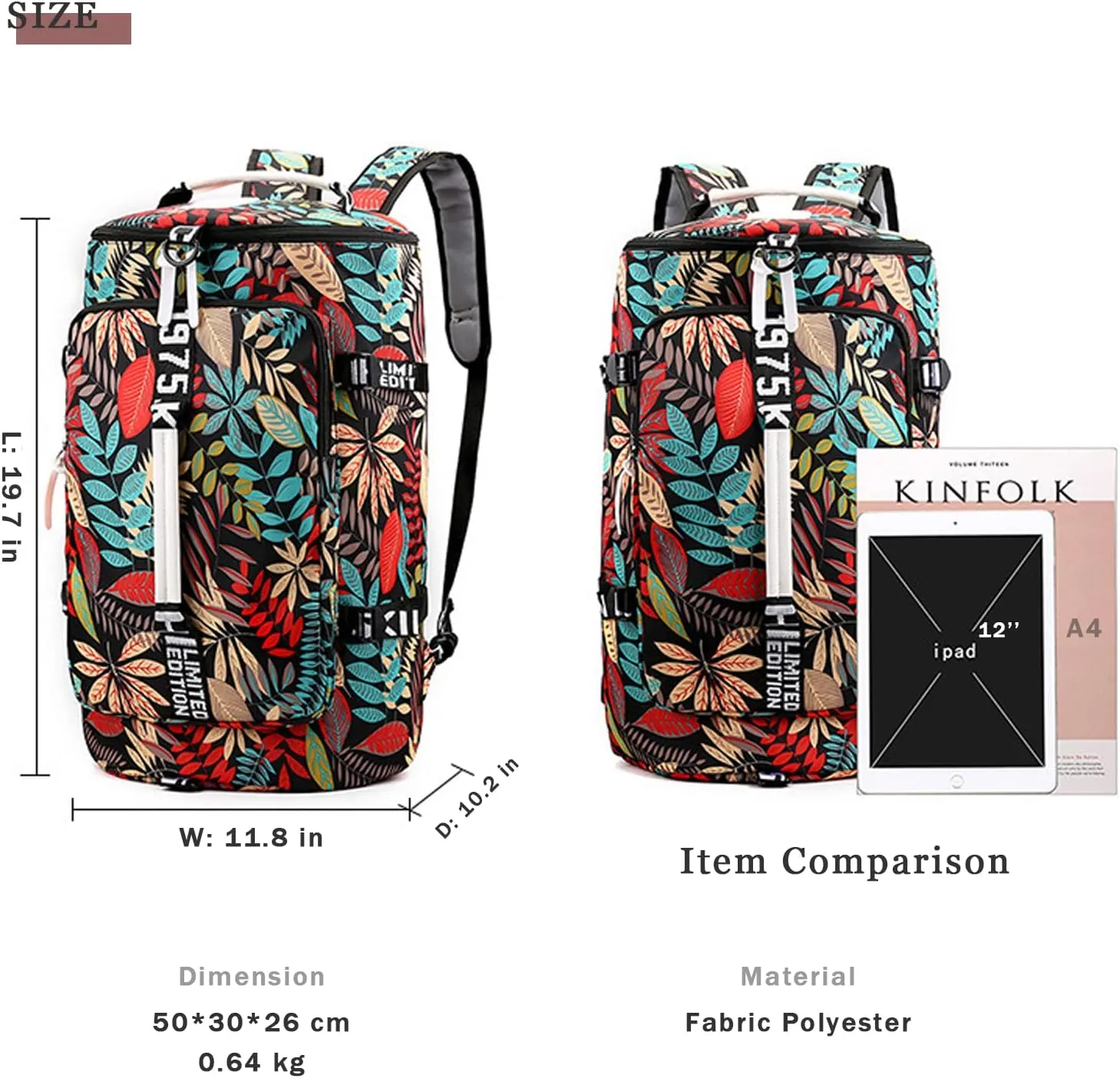 DEARART Gym Bag For Women Backpack, Four Fashion Ways Waterproof Duffle Backpacks, For Gym Travel Beach Laptop College, Floral Leaves Black
