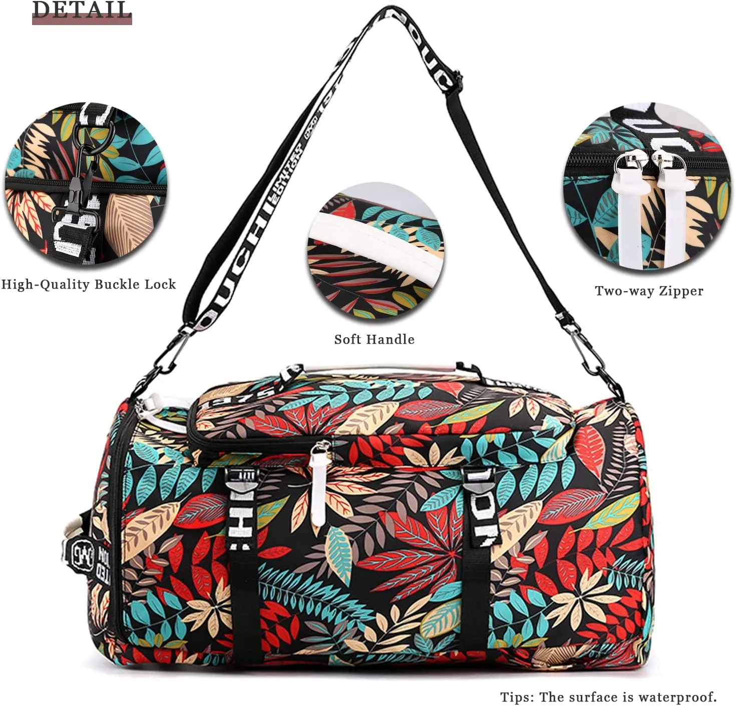DEARART Gym Bag For Women Backpack, Four Fashion Ways Waterproof Duffle Backpacks, For Gym Travel Beach Laptop College, Floral Leaves Black