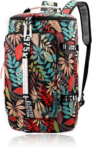 DEARART Gym Bag For Women Backpack, Four Fashion Ways Waterproof Duffle Backpacks, For Gym Travel Beach Laptop College, Floral Leaves Black