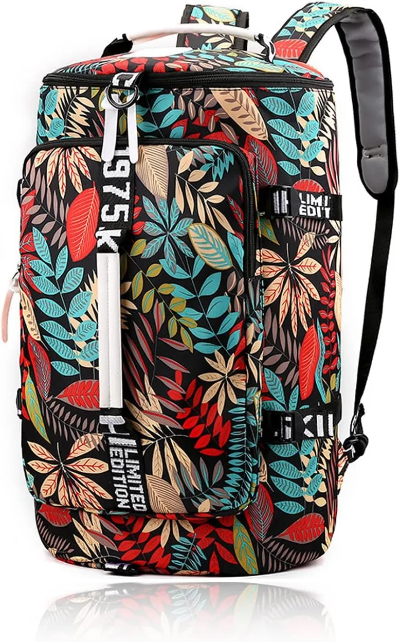 DEARART Gym Bag For Women Backpack, Four Fashion Ways Waterproof Duffle Backpacks, For Gym Travel Beach Laptop College, Floral Leaves Black