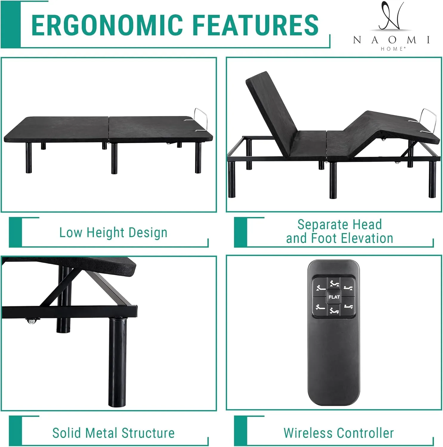 Deep Sleep Enabling Serenity Adjustable Bed Frame Full, Head & Foot Incline, 7 Adjustable Positions, Wireless Remote, Compact, Zero Gravity Lounge Bed, Electric Bed Base, Easy Assembly - Black