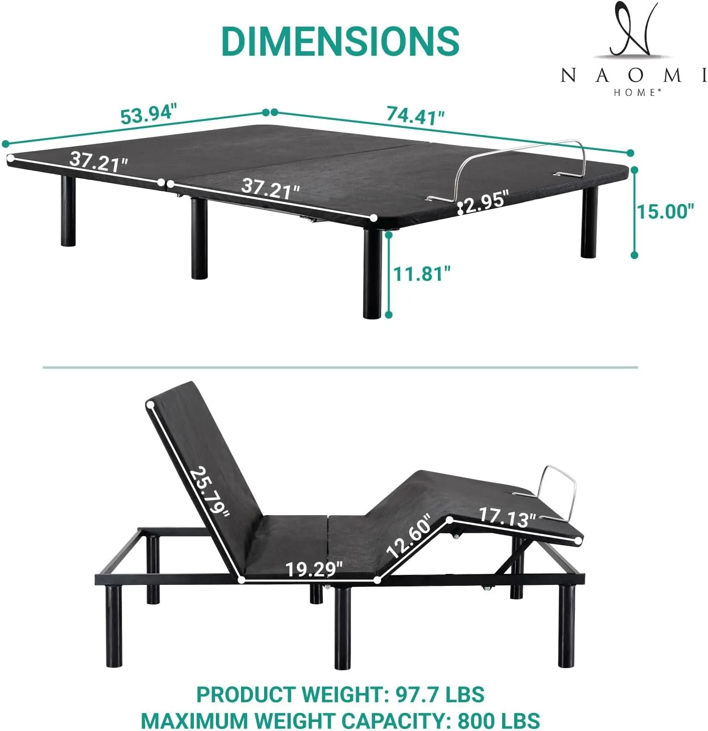 Deep Sleep Enabling Serenity Adjustable Bed Frame Full, Head & Foot Incline, 7 Adjustable Positions, Wireless Remote, Compact, Zero Gravity Lounge Bed, Electric Bed Base, Easy Assembly - Black
