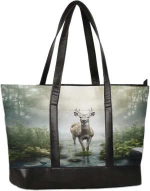 Deep Woods Cute Elk Laptop Tote Bag for Women Lightweight Work Purse with Multiple Compartments Fits 13-15.6 Inch Laptop Tablet Shoulder Bag for Office Travel Daily Use