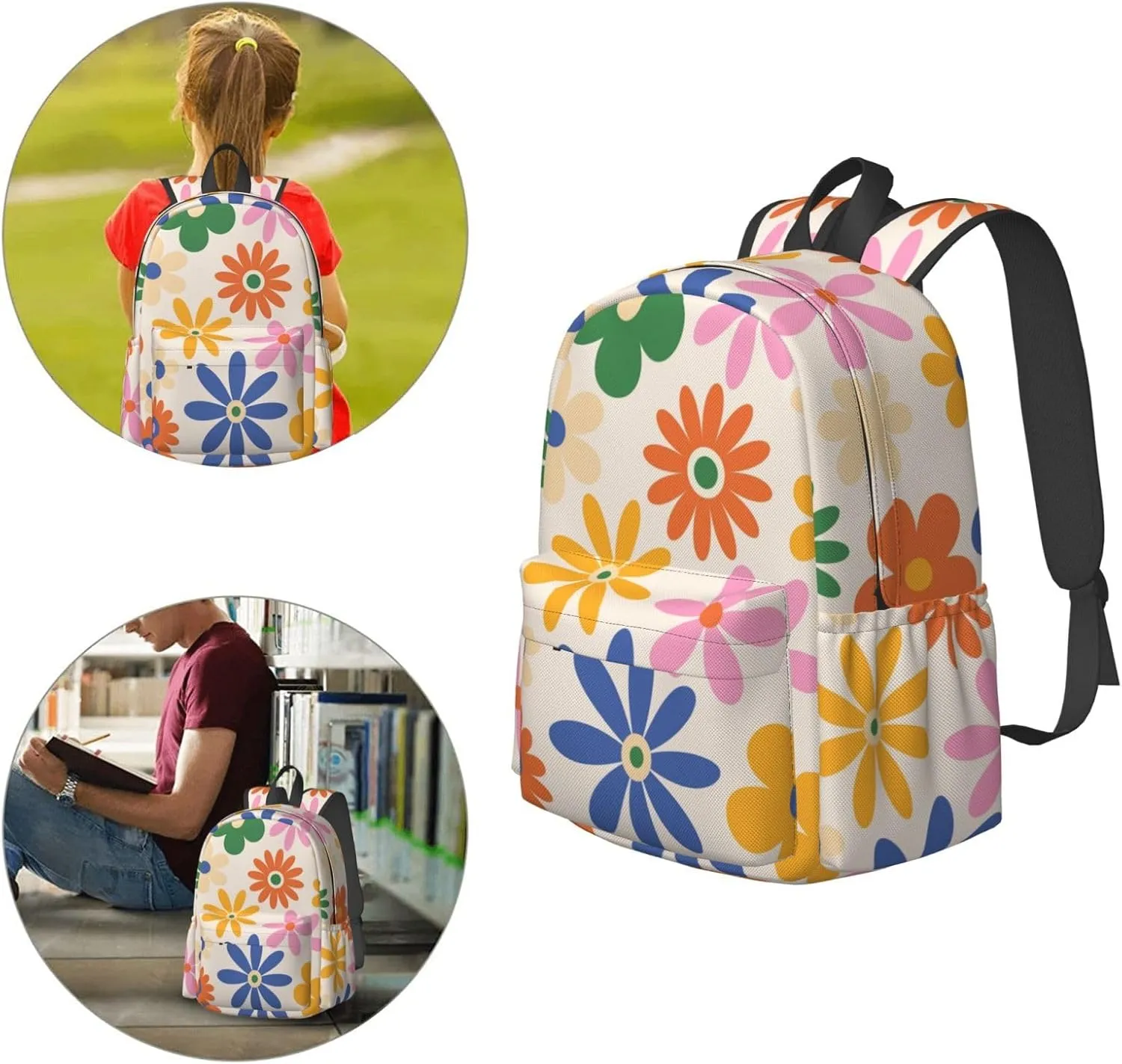 Delerain 17 Inch Backpack 70s Daisy Flowers Laptop Backpack School Bookbag Shoulder Bag Casual Daypack For School/Camping/Hiking/Picnic/Beach/Travel