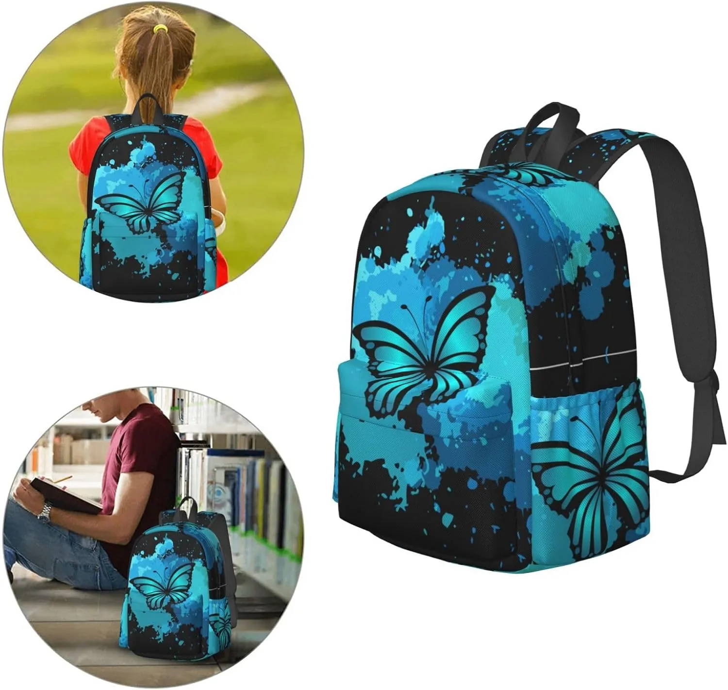 Delerain 17 Inch Backpack Blue Butterfly Laptop Backpack School Bookbag Shoulder Bag Casual Daypack For School/Camping/Hiking/Picnic/Beach/Travel