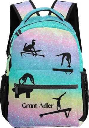Deven I Love Gymnastics Rainbow Glitter Personalized Kids for Boy/Girl Teen Primary School Daypack Travel Bag Bookbag
