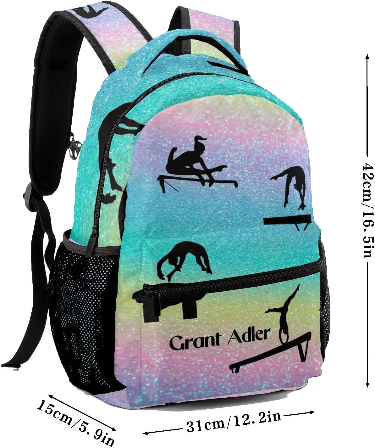 Deven I Love Gymnastics Rainbow Glitter Personalized Kids for Boy/Girl Teen Primary School Daypack Travel Bag Bookbag