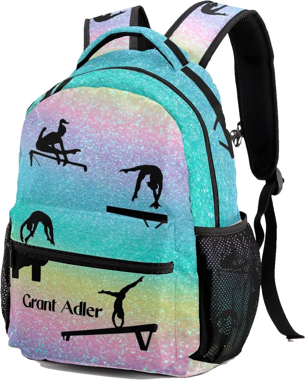 Deven I Love Gymnastics Rainbow Glitter Personalized Kids for Boy/Girl Teen Primary School Daypack Travel Bag Bookbag