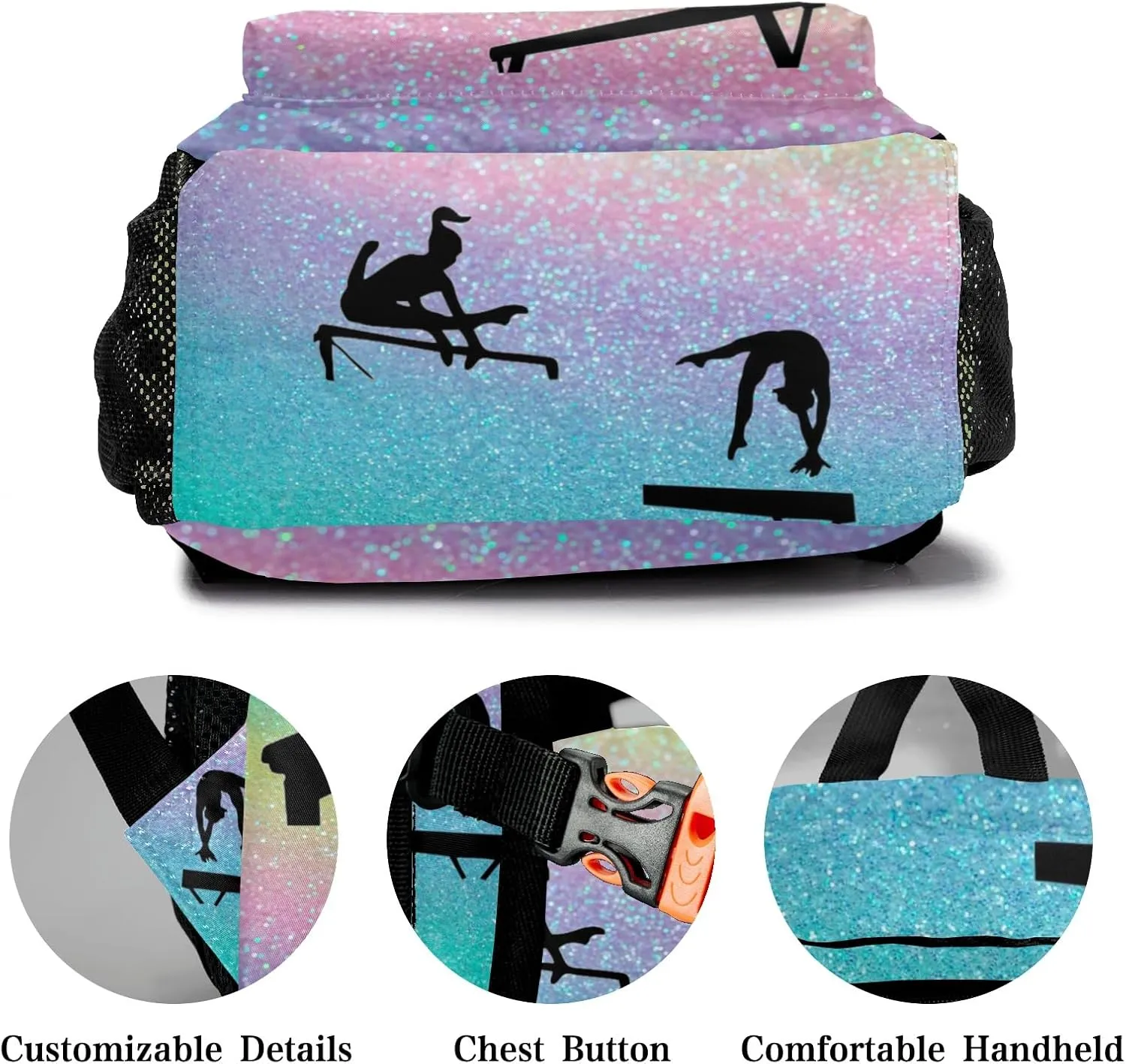 Deven I Love Gymnastics Rainbow Glitter Personalized Kids for Boy/Girl Teen Primary School Daypack Travel Bag Bookbag