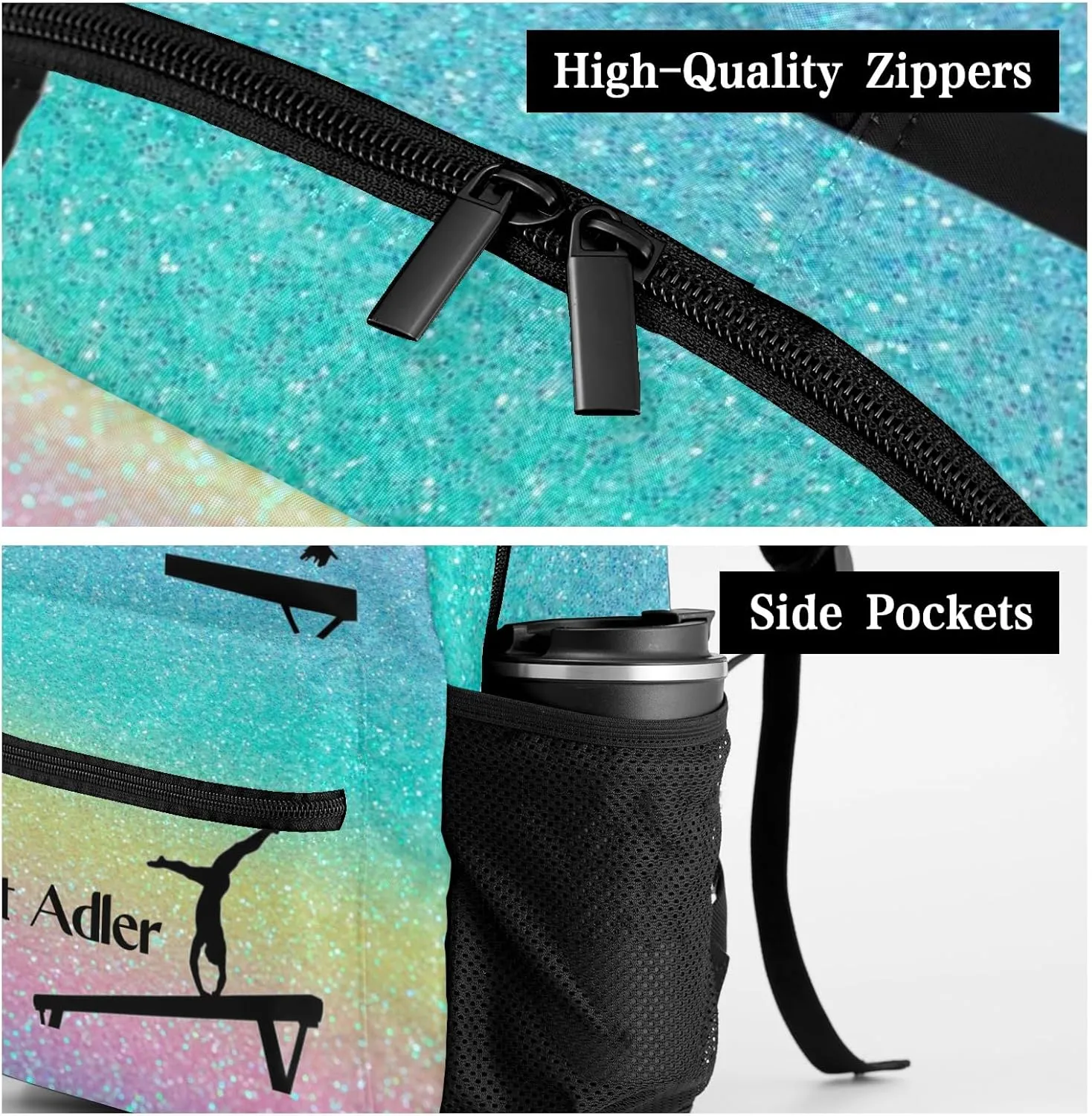 Deven I Love Gymnastics Rainbow Glitter Personalized Kids for Boy/Girl Teen Primary School Daypack Travel Bag Bookbag