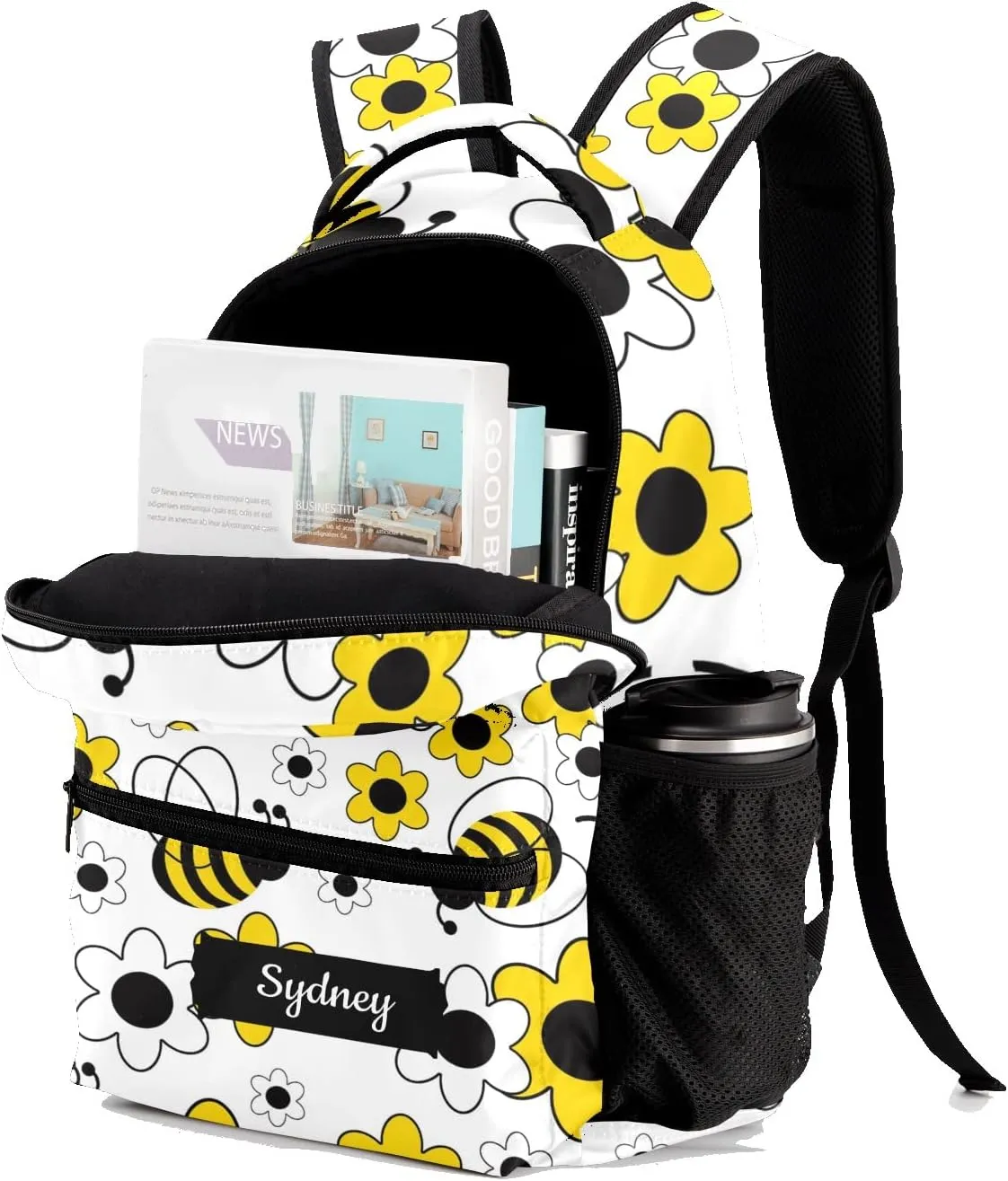 Deven White Yellow Floral Honey Bumble Bee Personalized Kids Backpack for Boy/Girl Teen Primary School Daypack Travel Bag Bookbag