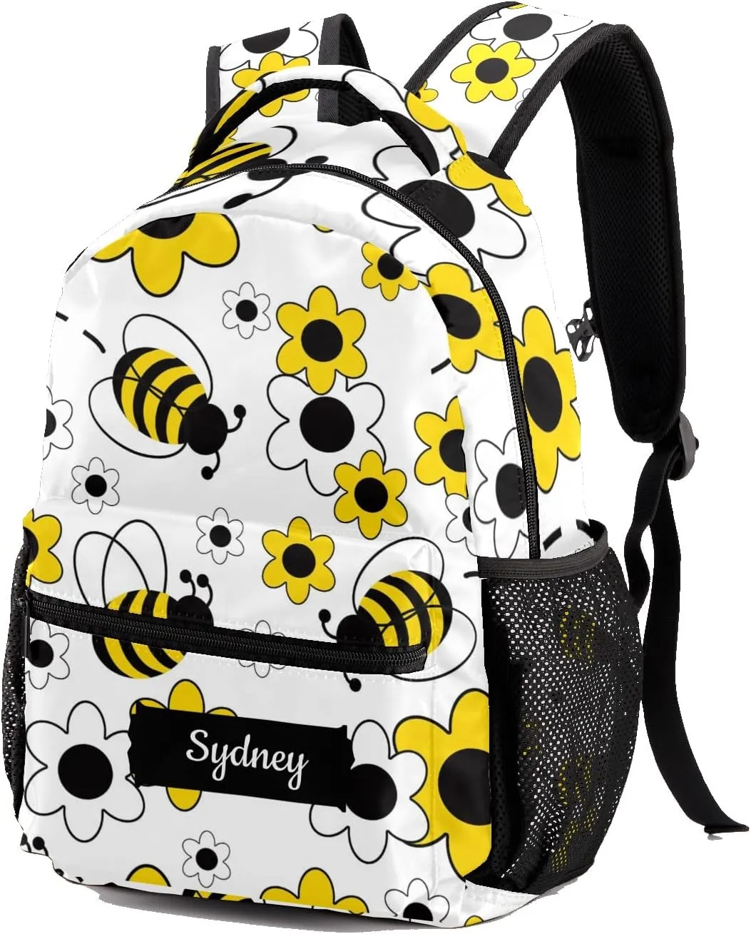 Deven White Yellow Floral Honey Bumble Bee Personalized Kids Backpack for Boy/Girl Teen Primary School Daypack Travel Bag Bookbag