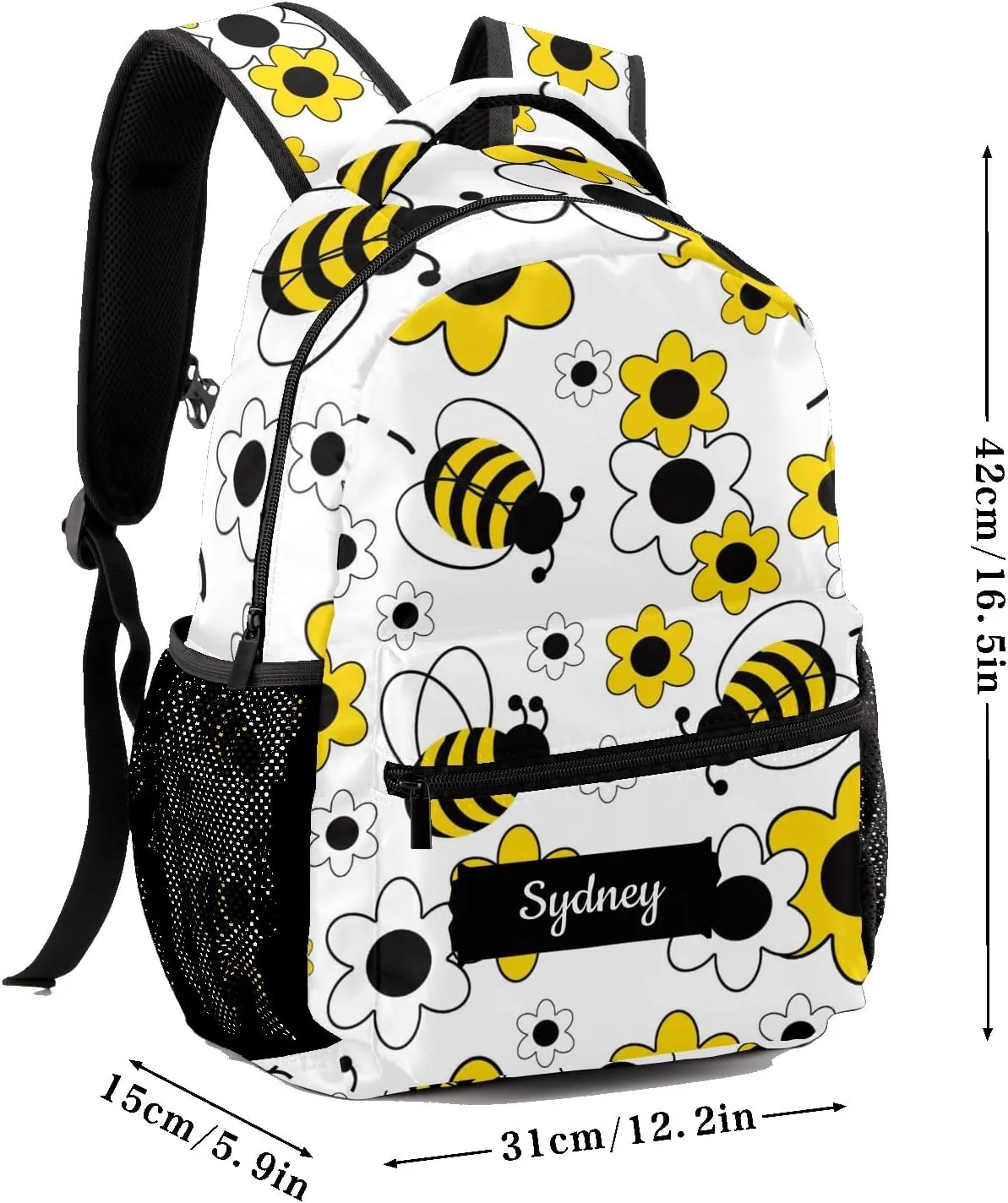 Deven White Yellow Floral Honey Bumble Bee Personalized Kids Backpack for Boy/Girl Teen Primary School Daypack Travel Bag Bookbag