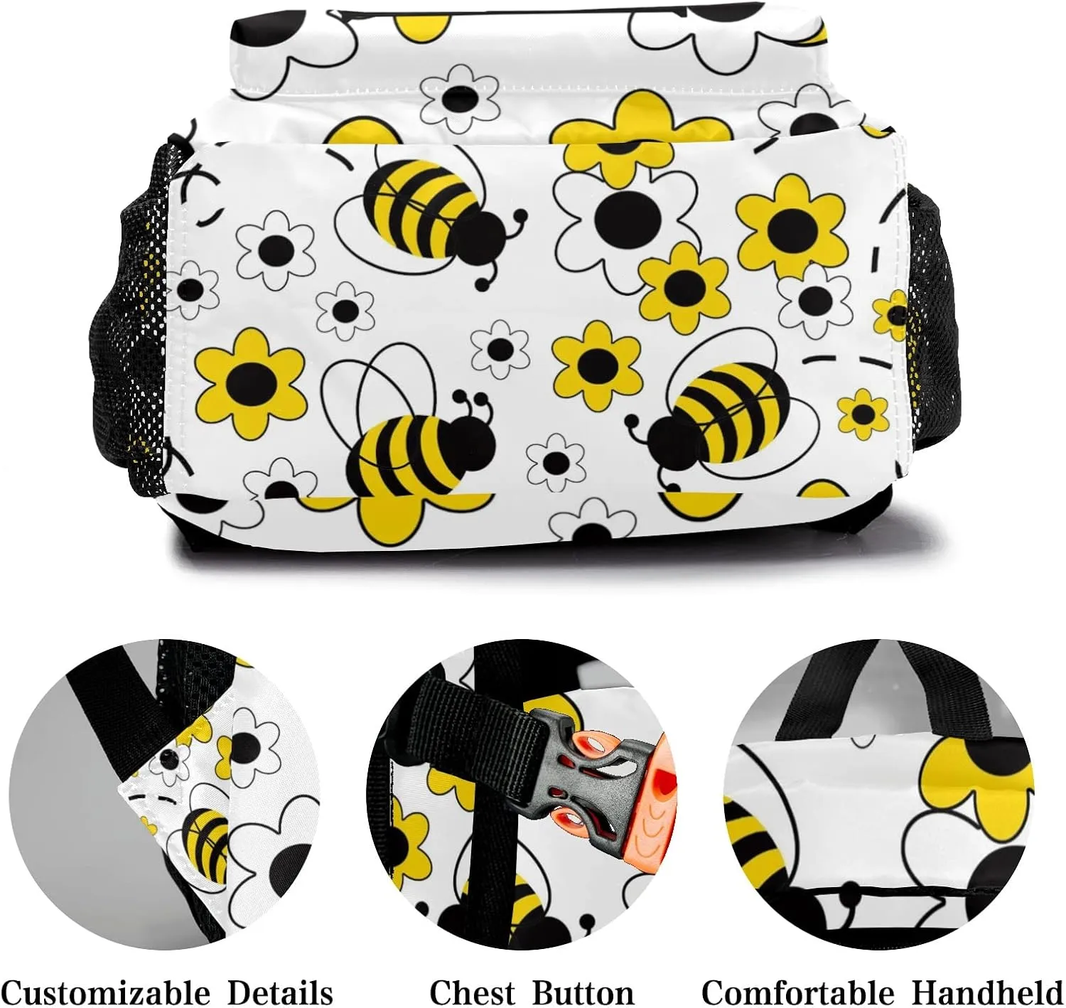 Deven White Yellow Floral Honey Bumble Bee Personalized Kids Backpack for Boy/Girl Teen Primary School Daypack Travel Bag Bookbag