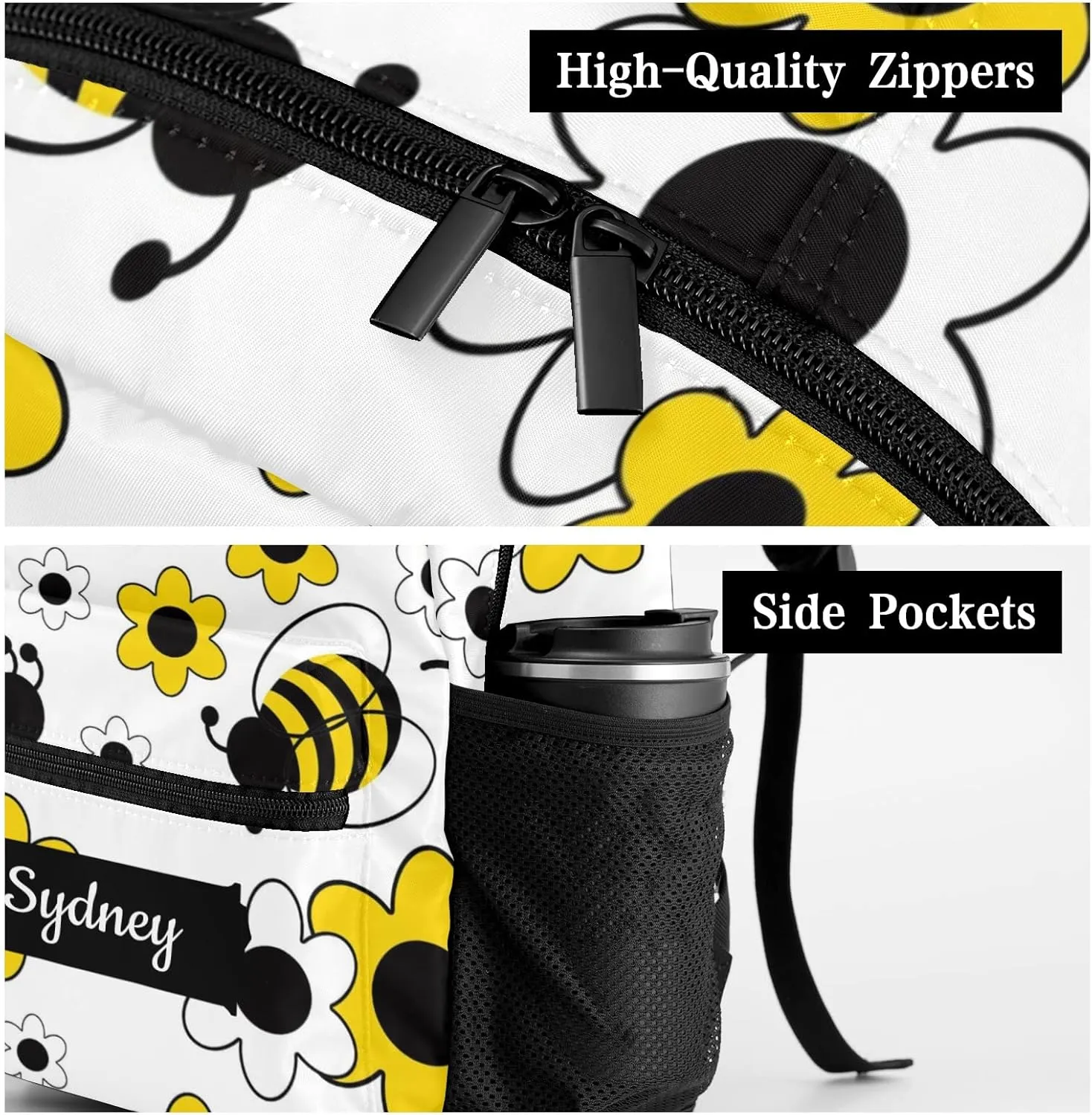 Deven White Yellow Floral Honey Bumble Bee Personalized Kids Backpack for Boy/Girl Teen Primary School Daypack Travel Bag Bookbag