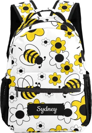 Deven White Yellow Floral Honey Bumble Bee Personalized Kids Backpack for Boy/Girl Teen Primary School Daypack Travel Bag Bookbag