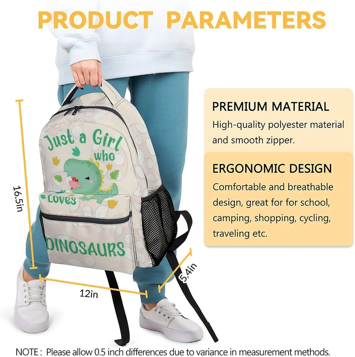 Dinosaur Backpacks for Girls - 16 Inch Cute Backpack for School - Green, Large Capacity, Durable, Lightweight Bookbag for Kids, Travel