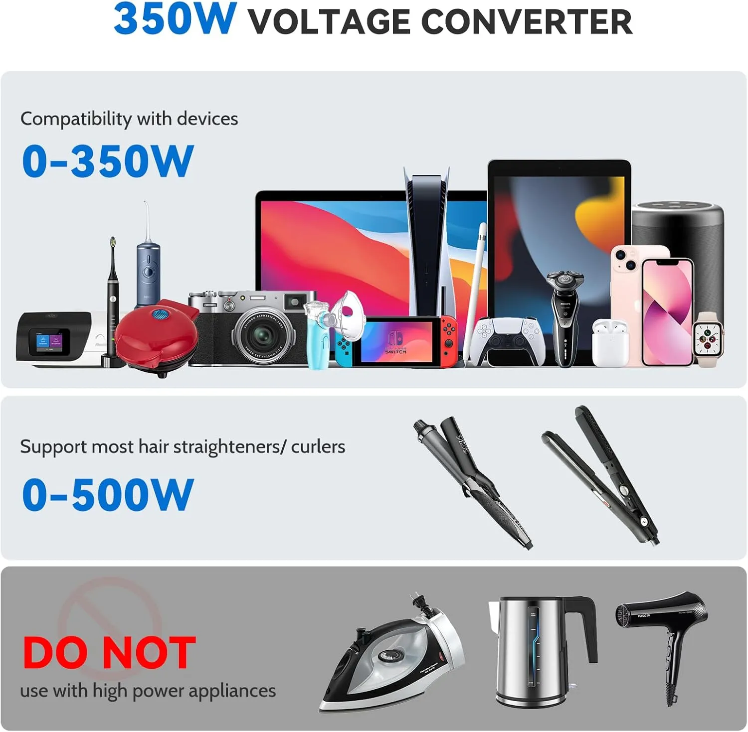 DOACE 220v to 110v Voltage Converter US to Europe: 350W 220 to 110 Voltage Converter for European Travel - International Power Adapter Plug Combo Step Down Transformer White