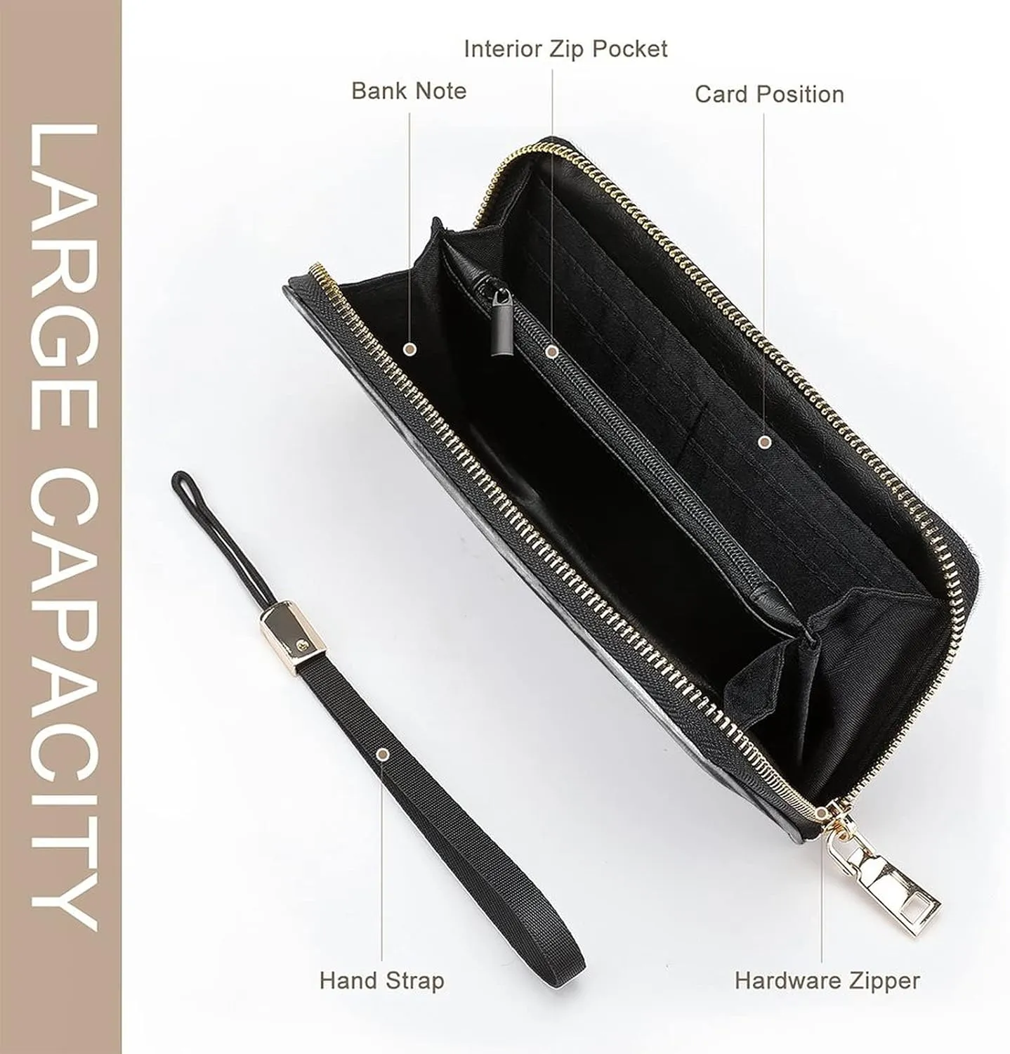Donnapink Long Clutch Wallet, Long Handbag with Wristlet Strap, PU Leather Zip Purse