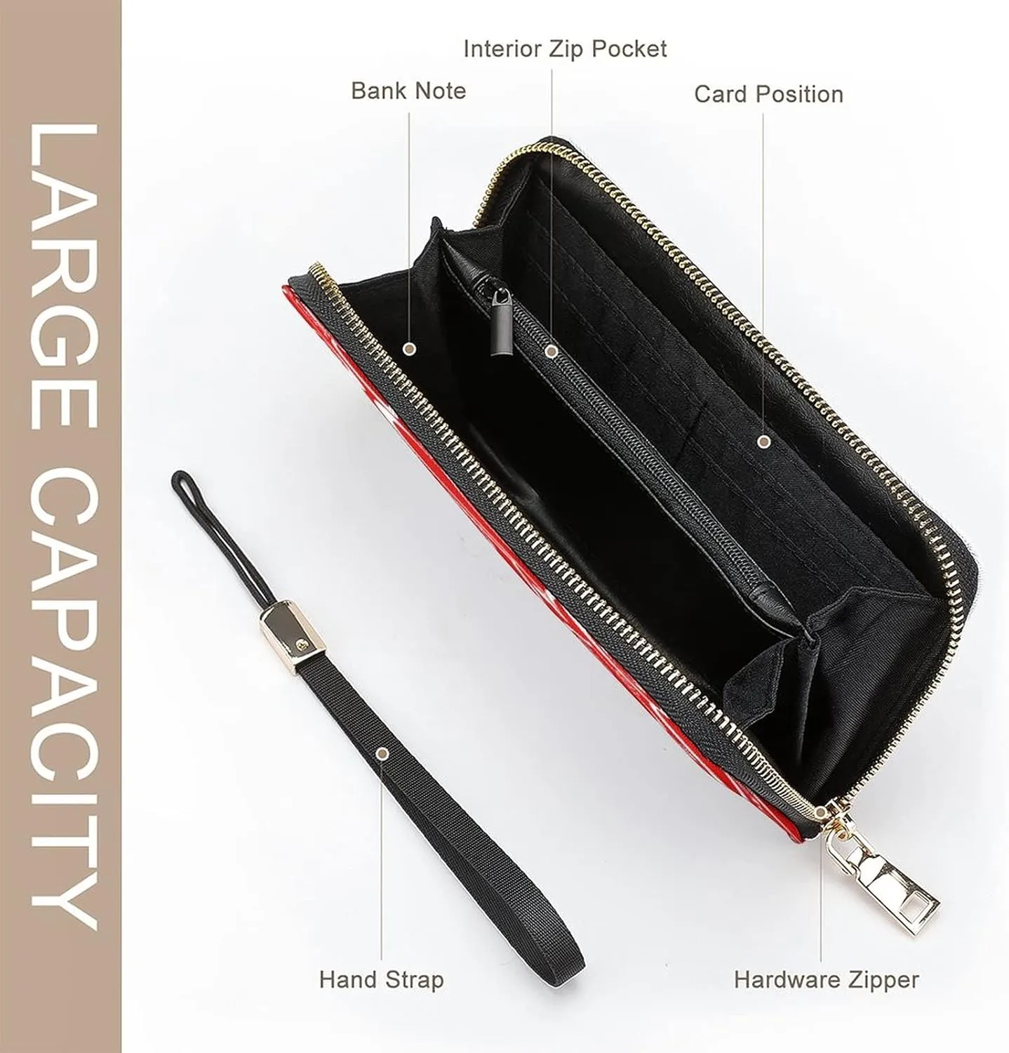 Donnapink Long Clutch Wallet, Long Handbag with Wristlet Strap, PU Leather Zip Purse