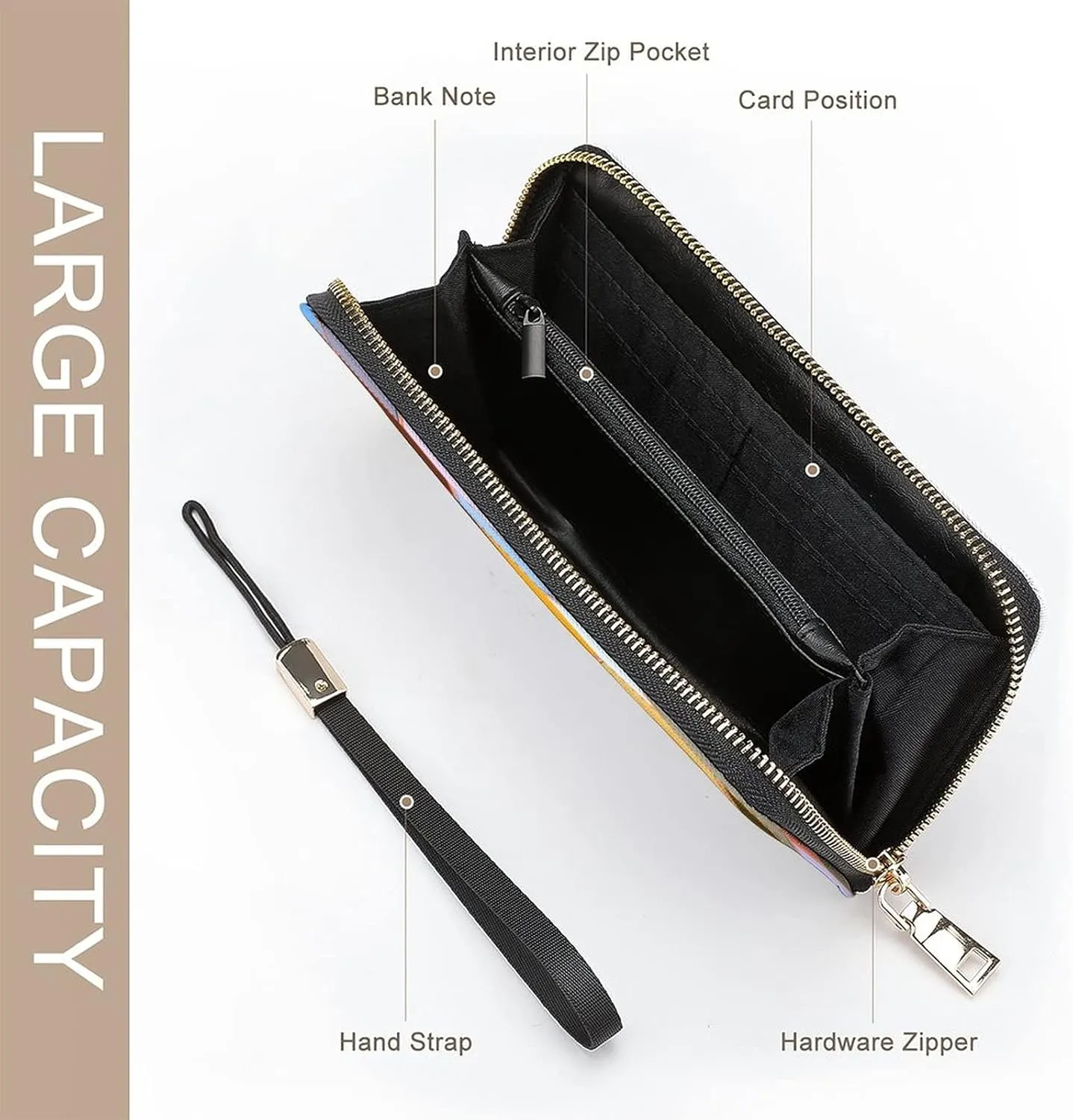 Donnapink Long Clutch Wallet, Long Handbag with Wristlet Strap, PU Leather Zip Purse