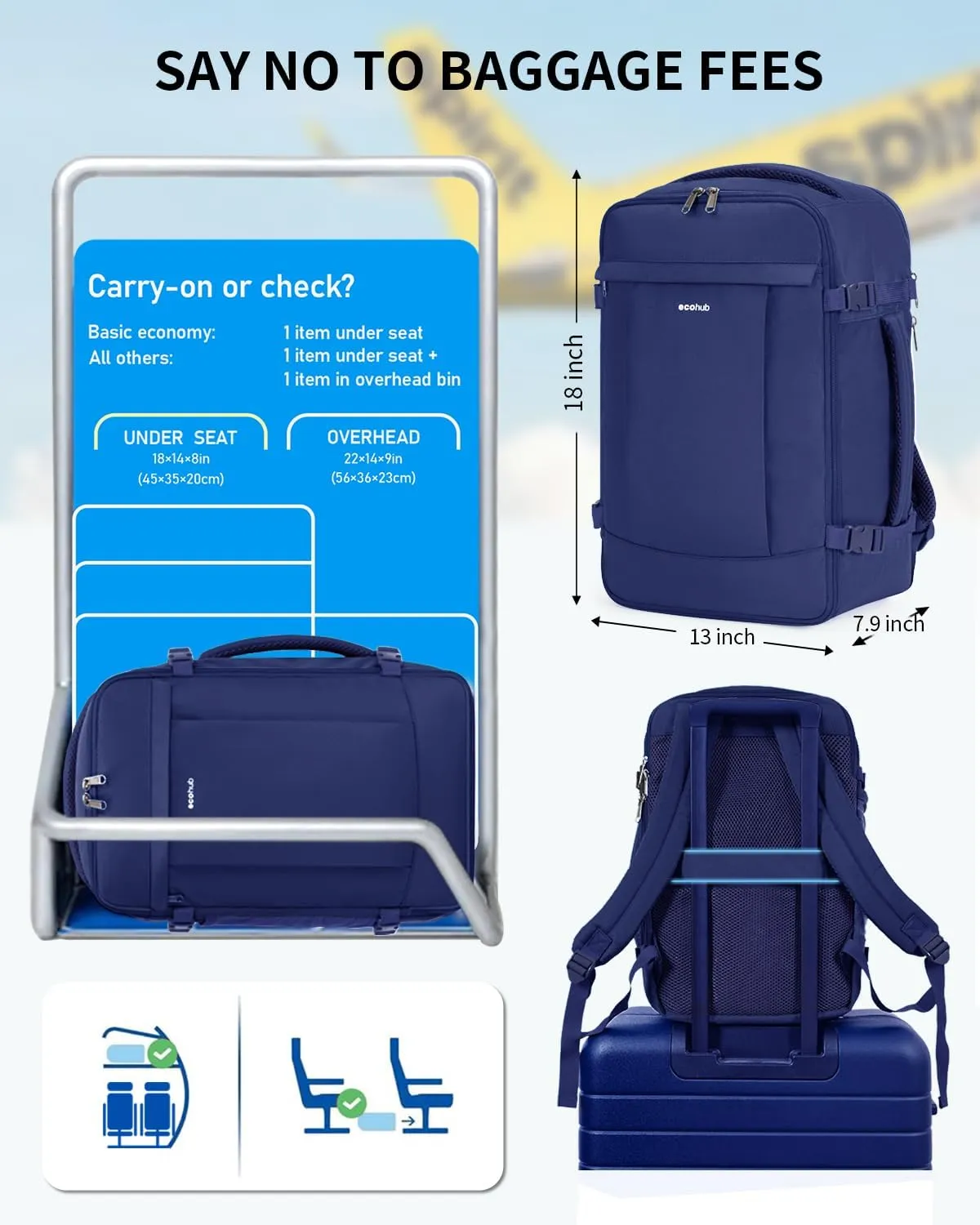 ECOHUB Travel Backpack for Men Women, Carry on Backpack with USB Charging Hole, Spirit Airlines Personal Item Bag Flight Approved, 15.6 Inch Laptop Backpack with Anti Theft Pockets, 30L, Navy Blue