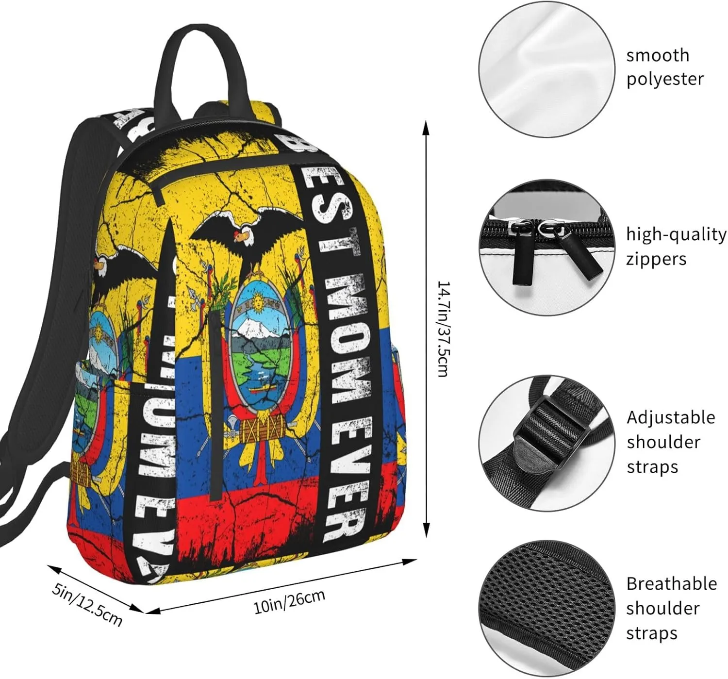 Ecuadorian Ecuador Flag Best Mom Ever Casual Backpacks Large Capacity Laptop Backpack Sports Fitness Rucksack Travel Carry-On Daypack Work Bag for Outdoor Camping