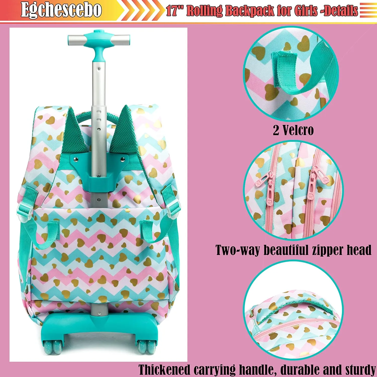 Egchescebo School Bags Kids Rolling Backpack for Girls Kids Luggage Suitcase With Wheels