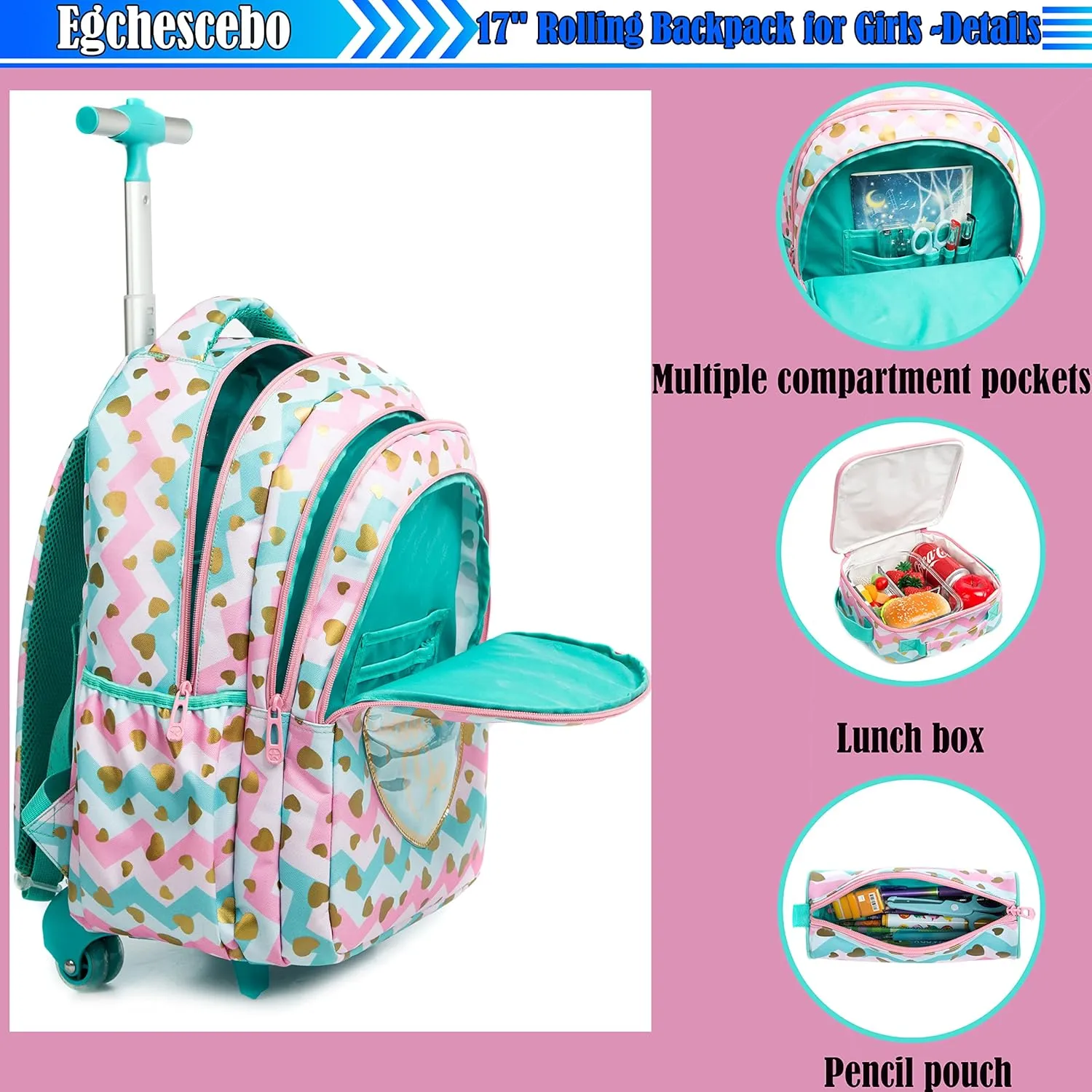 Egchescebo School Bags Kids Rolling Backpack for Girls Kids Luggage Suitcase With Wheels